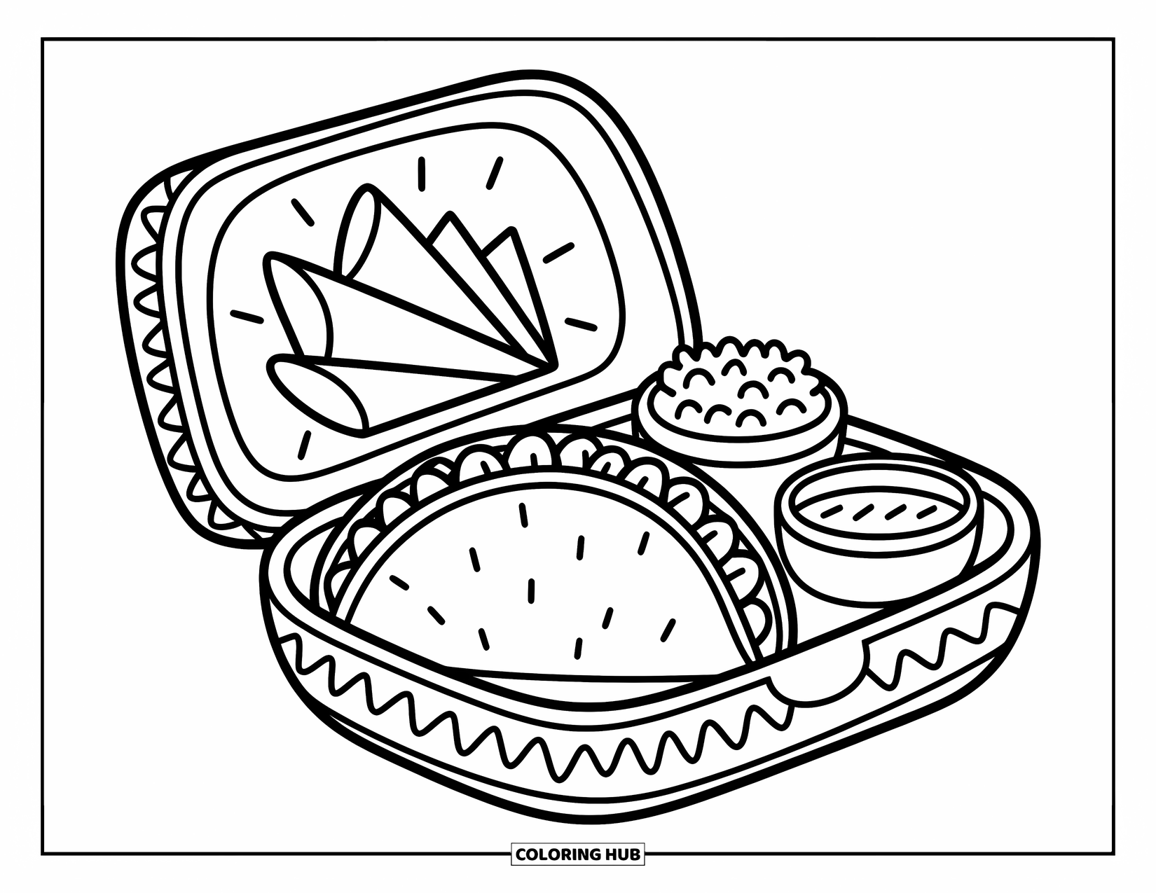 Taco Coloring Page for Adults: Kawaii taco in a cozy bento box with snacks and a folded napkin