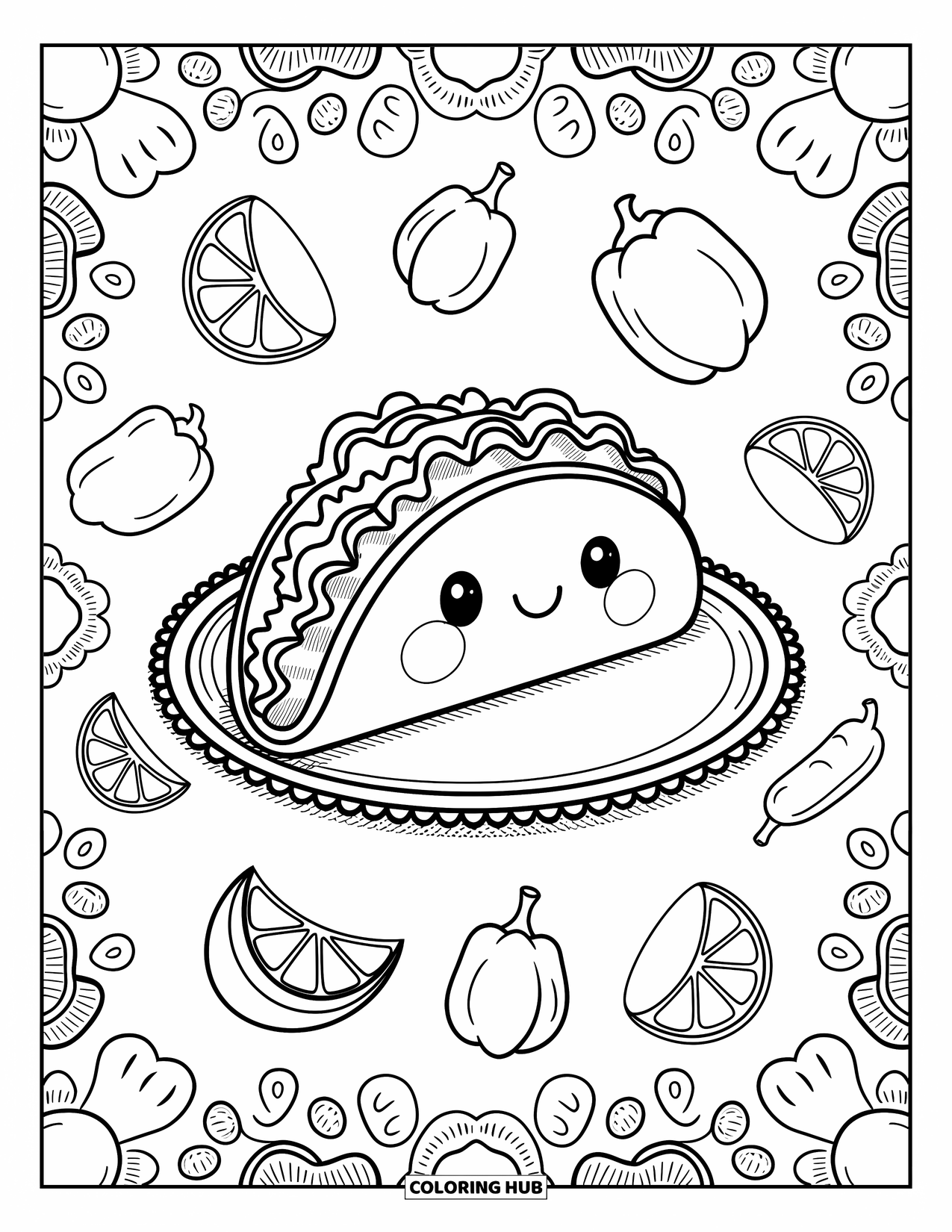 Taco Coloring Page for Adults: Scalloped plate taco with swirls, lemon slices, and cozy food doodles