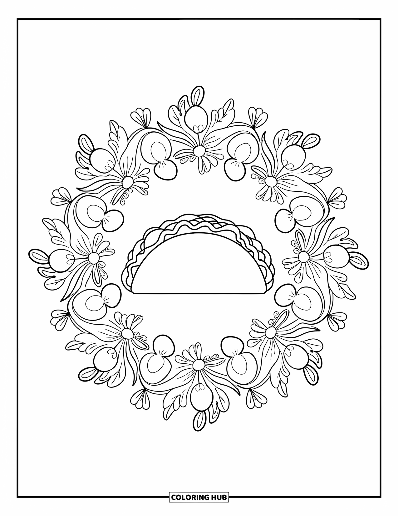 Taco Coloring Page for Adults: Soft taco centered in a floral mandala made of herbs and veggies