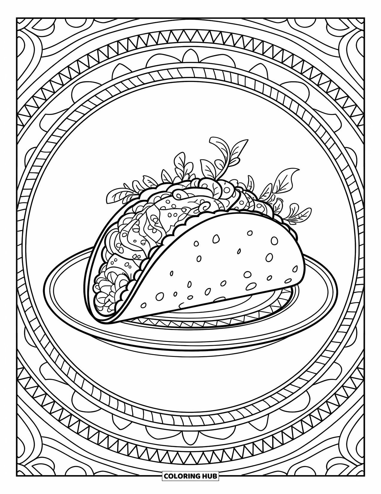 Taco Coloring Page for Adults: Soft taco with guacamole swirls and floral vines in mandala style