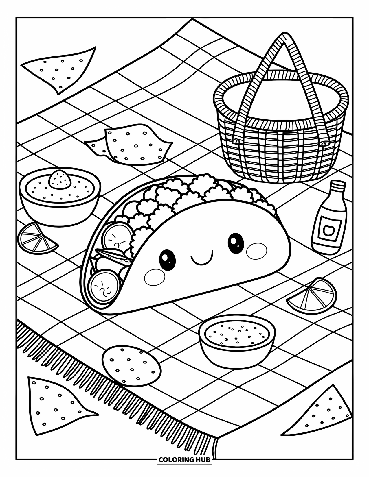 Taco Coloring Page for Adults: Taco and dips on a picnic blanket with woven basket and napkin