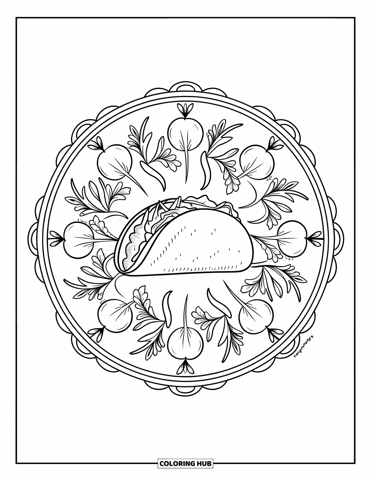 Taco Coloring Page for Adults: Taco at the center of a mandala made from herbs and vegetables