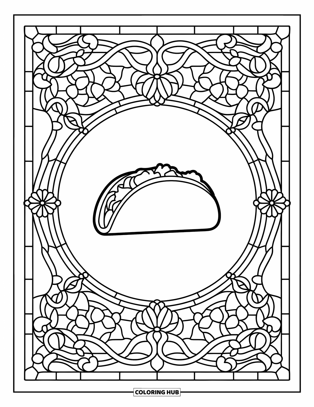 Taco Coloring Page for Adults: Taco framed by floral stained glass motifs and decorative border