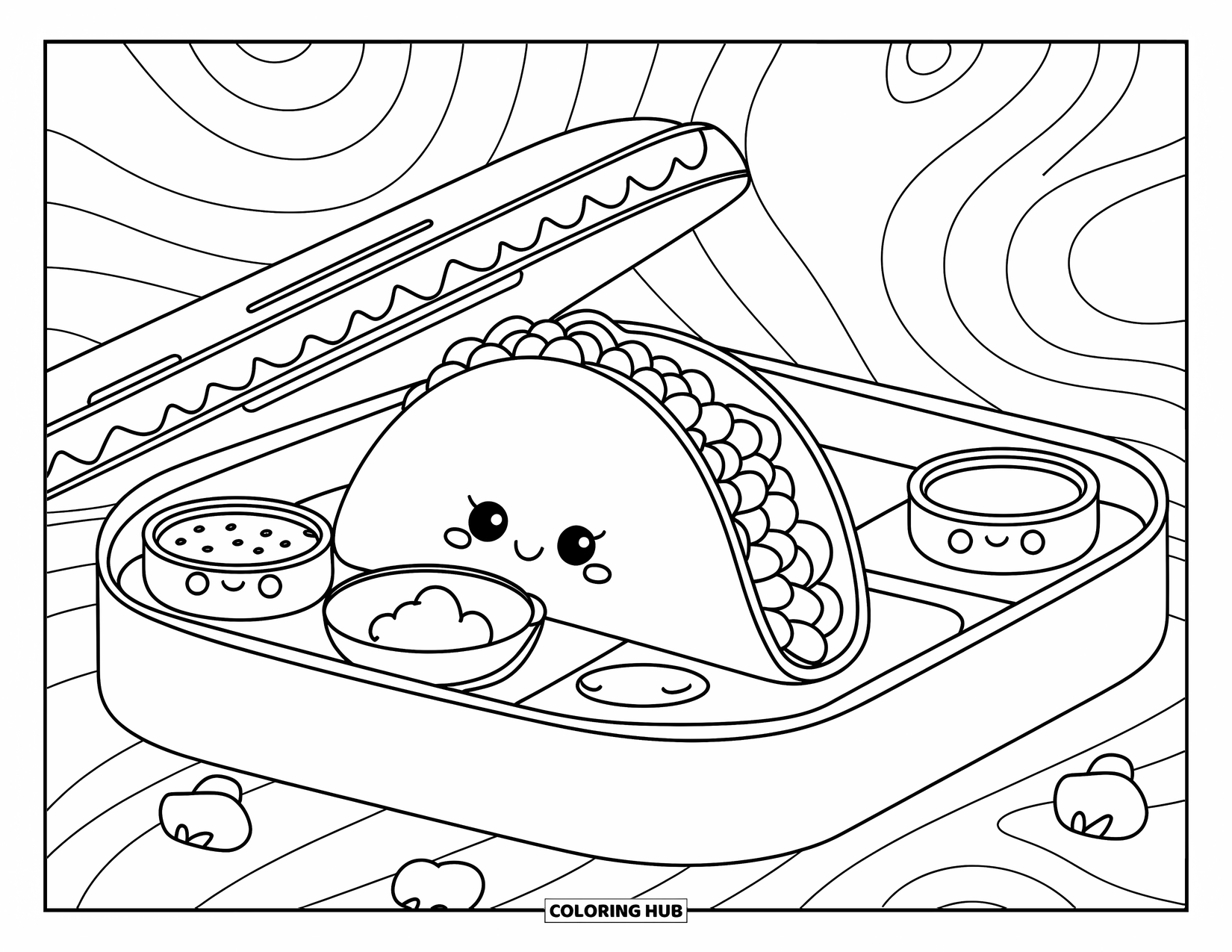 Taco Coloring Page for Adults: Taco inside a bento box with chips, rice, and dipping sauce