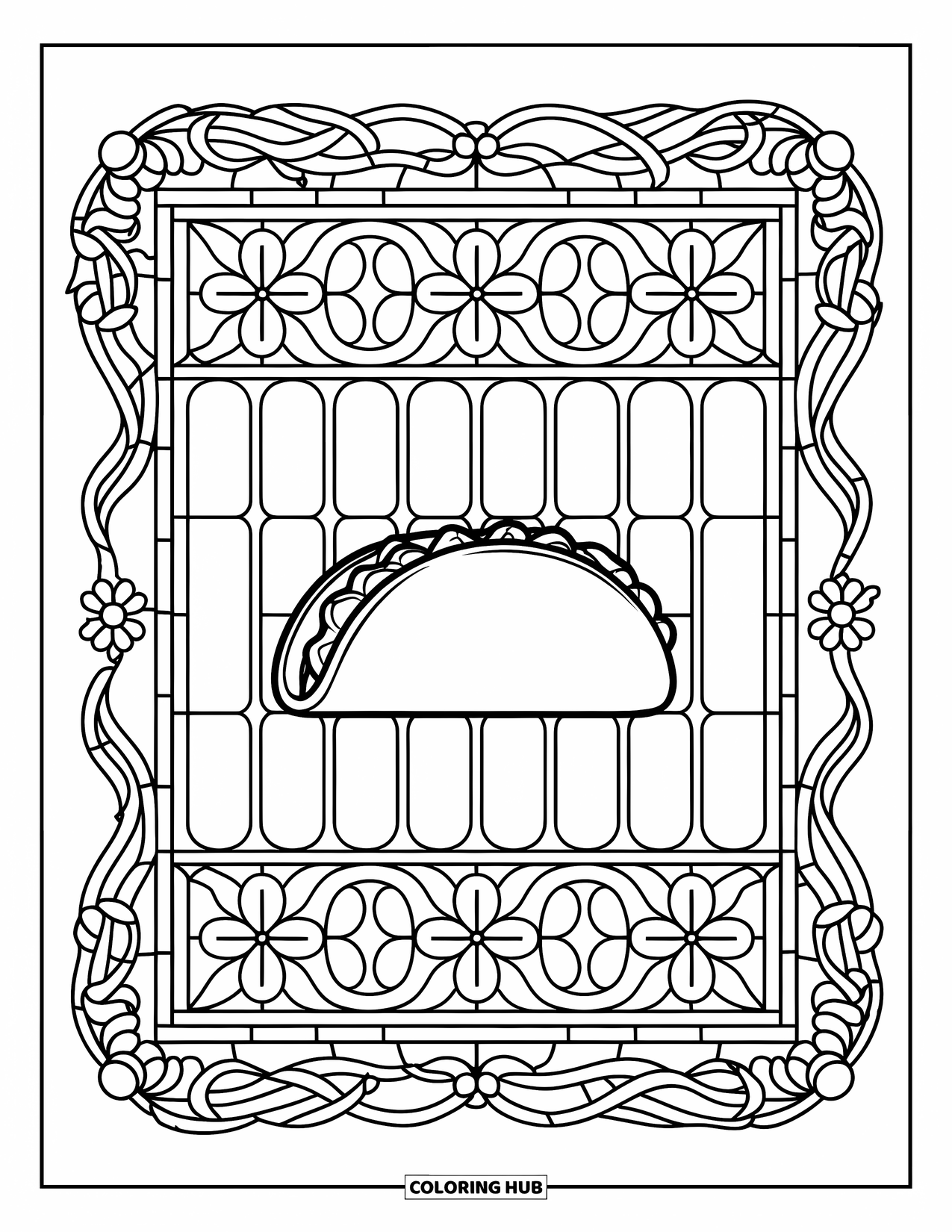 Taco Coloring Page for Adults: Taco inside a stained glass frame filled with vines and flowers
