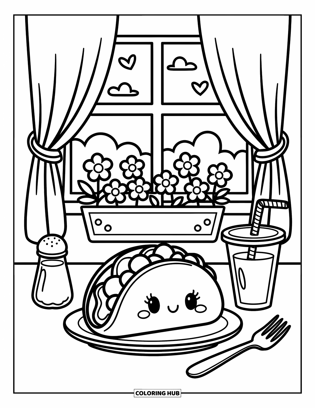 Taco Coloring Page for Adults: Taco near a diner window with a drink, fork, and salt shaker