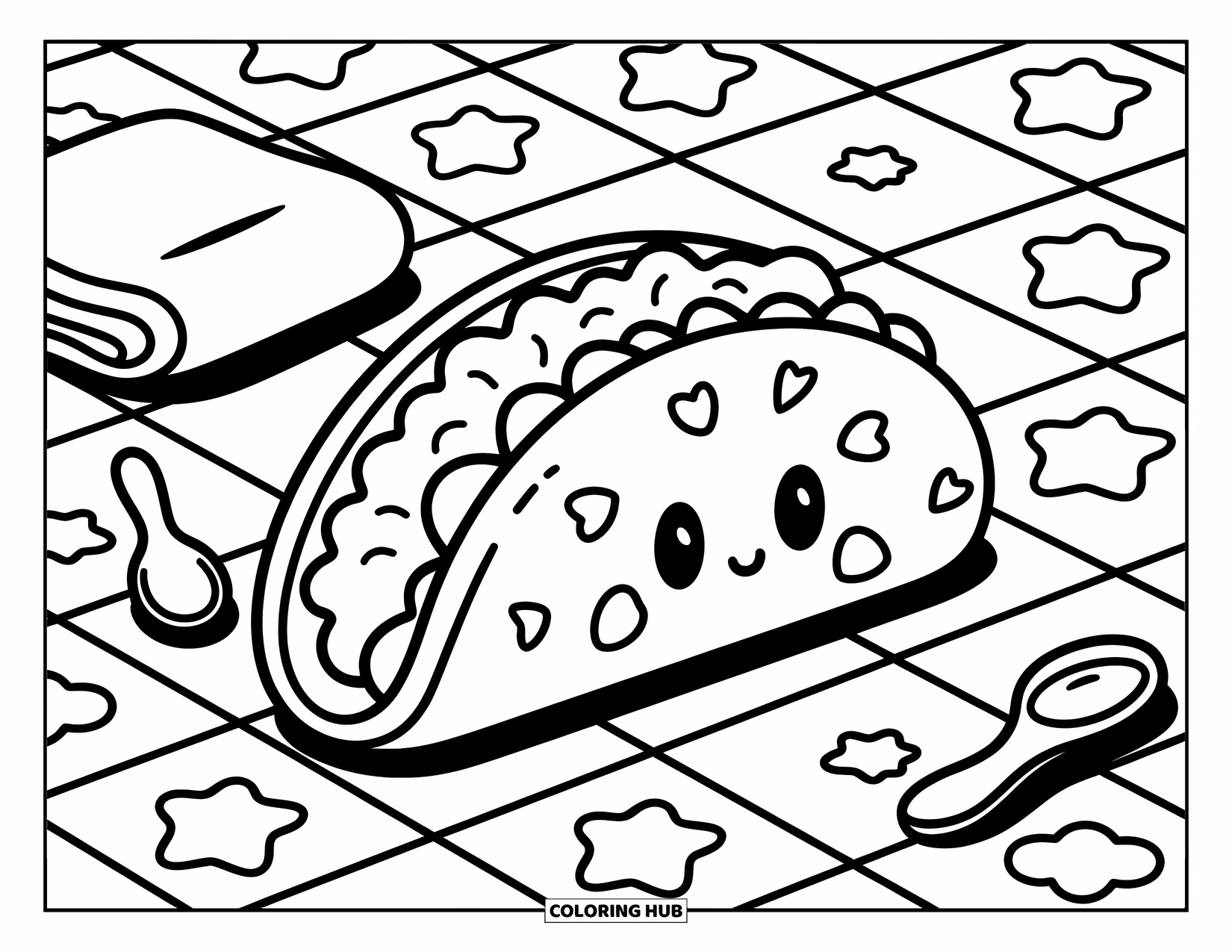 Taco Coloring Page for Adults: Taco on a patterned tile table with napkin, spoon, and dipping sauce