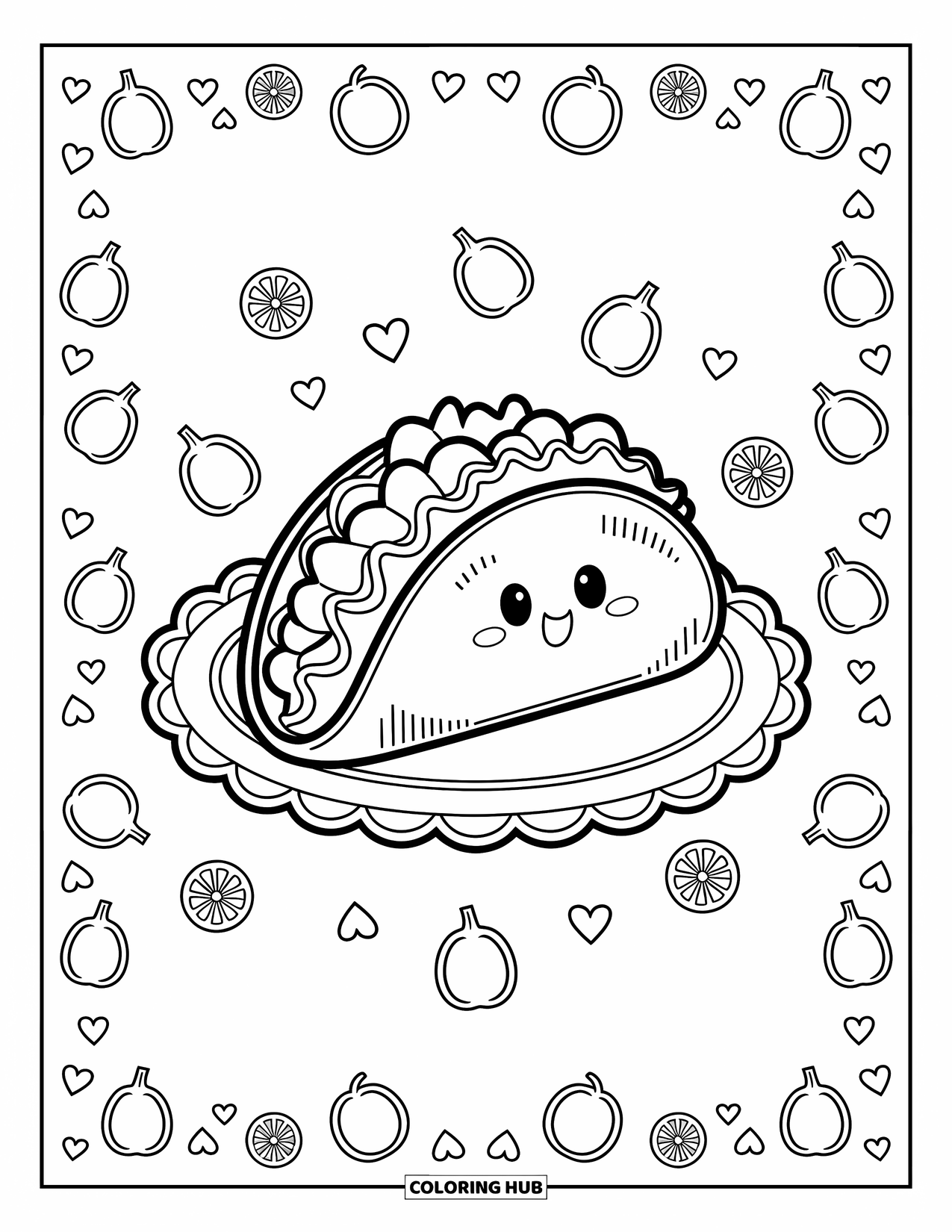 Taco Coloring Page for Adults: Taco on a plate with zigzag garnish and tiny food-themed decorations