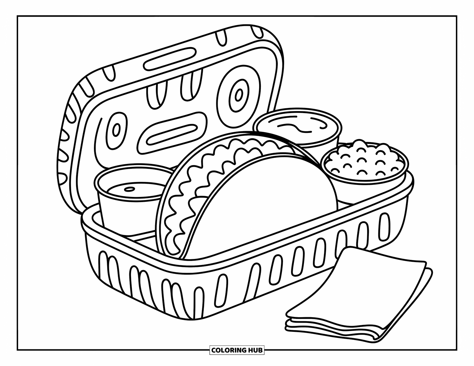 Taco Coloring Page for Adults: Taco rests in a bento tray with sauce, rice, and napkin nearby