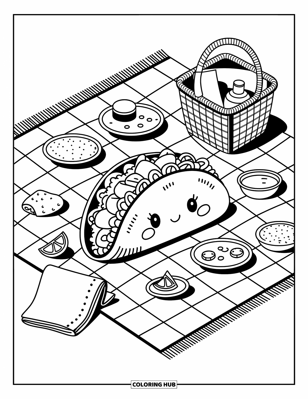 Taco Coloring Page for Adults: Taco rests on a checkered blanket with lime wedges and playful mini dishes