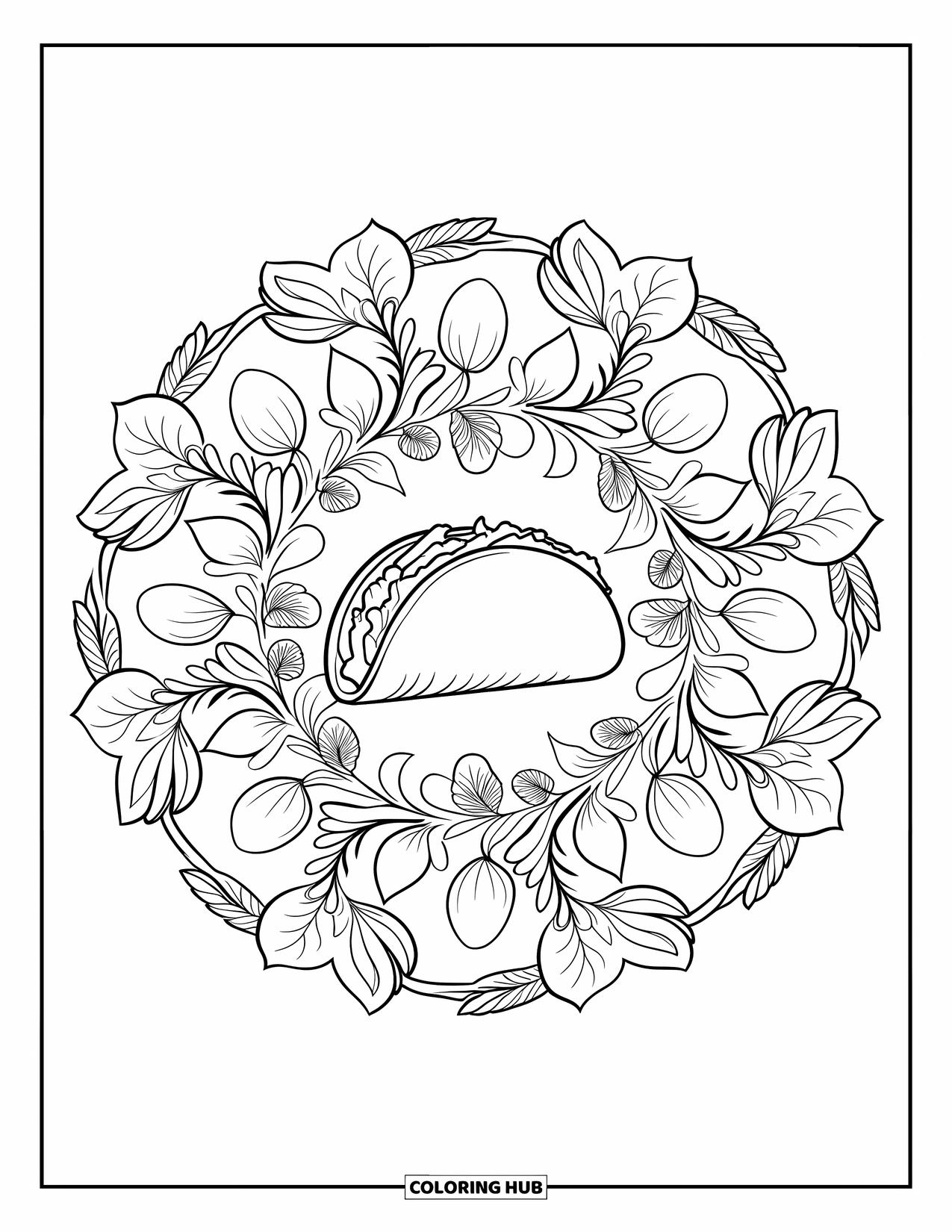 Taco Coloring Page for Adults: Taco surrounded by vegetable mandala and intricate floral border