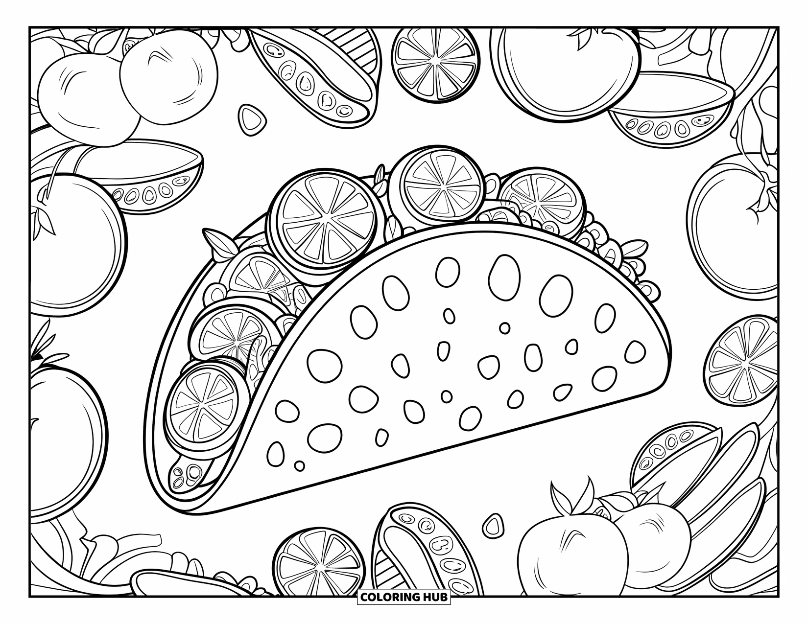 Taco Coloring Page for Adults: Taco surrounded by veggie spirals and detailed patterns for a relaxing scene
