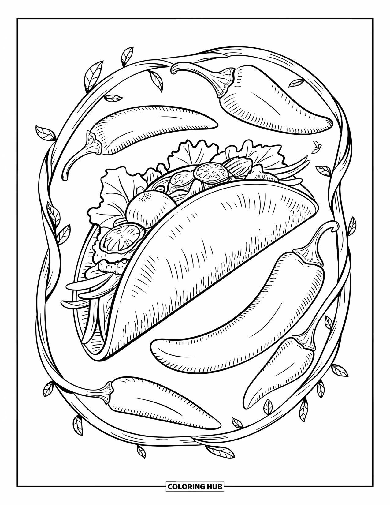 Taco Coloring Page for Adults: Taco with blooming chilies, fresh toppings, and vine details around it