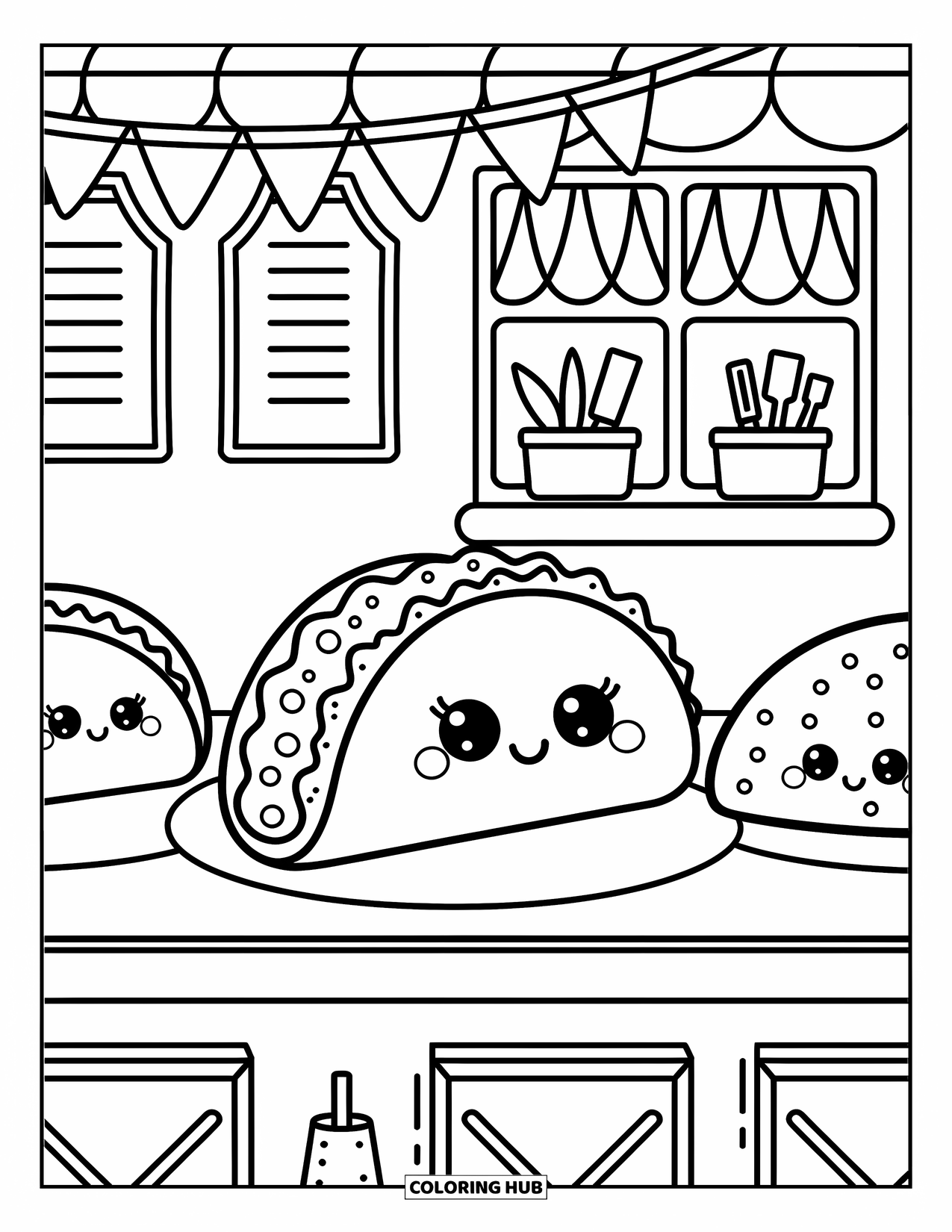Taco Coloring Page for Adults: Taco with burrito and quesadilla on a food truck counter with tiny flags