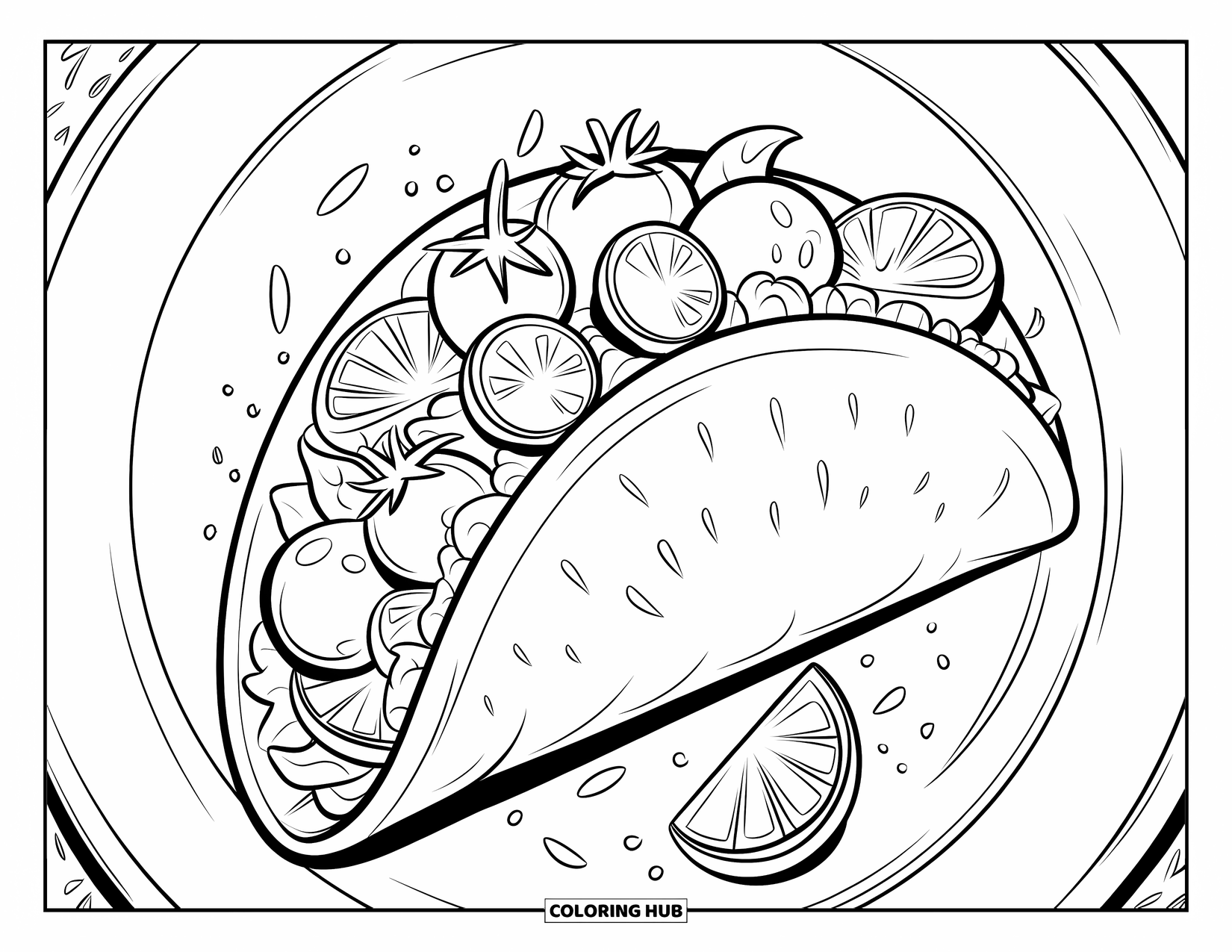 Taco Coloring Page for Adults: Taco with swirling tomatoes, onions, and limes on a simple plate