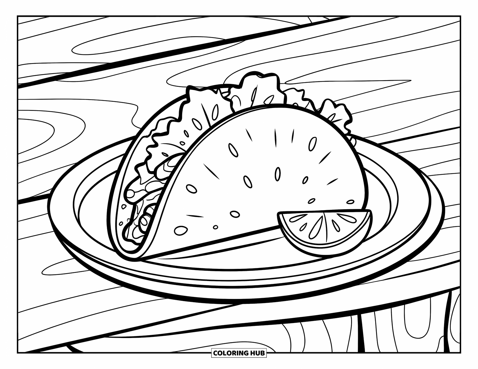Taco Coloring Page for Kids: Flour tortilla taco with beef and lettuce on a plate with a lime