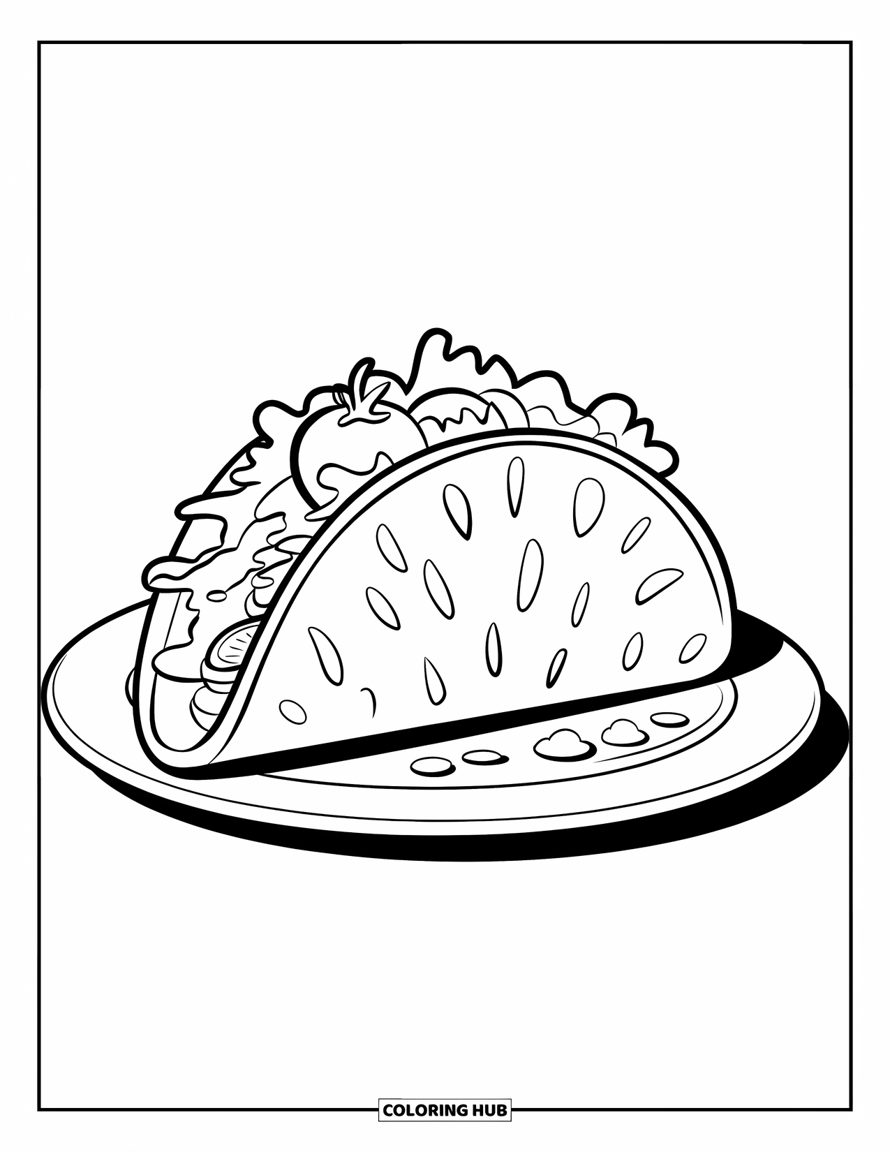 Taco Coloring Page for Kids: Labeled taco with cheese and salsa on a triangle shell, placed on a plate