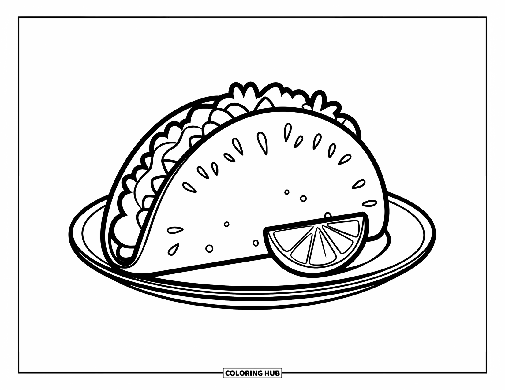 Taco Coloring Page for Kids: Single taco with lime wedge resting on a cozy plate