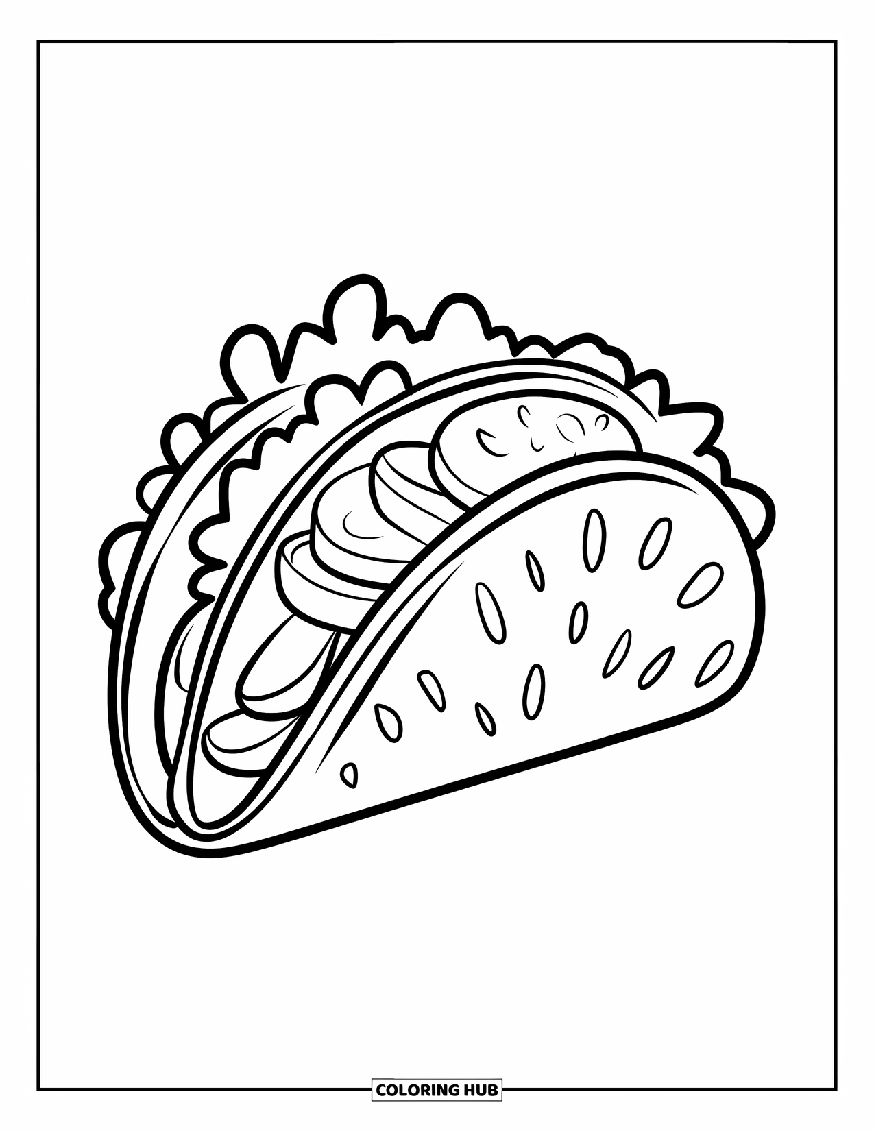 Taco Coloring Page for Kids: Soft taco with three ingredients and bold lines, great for preschoolers