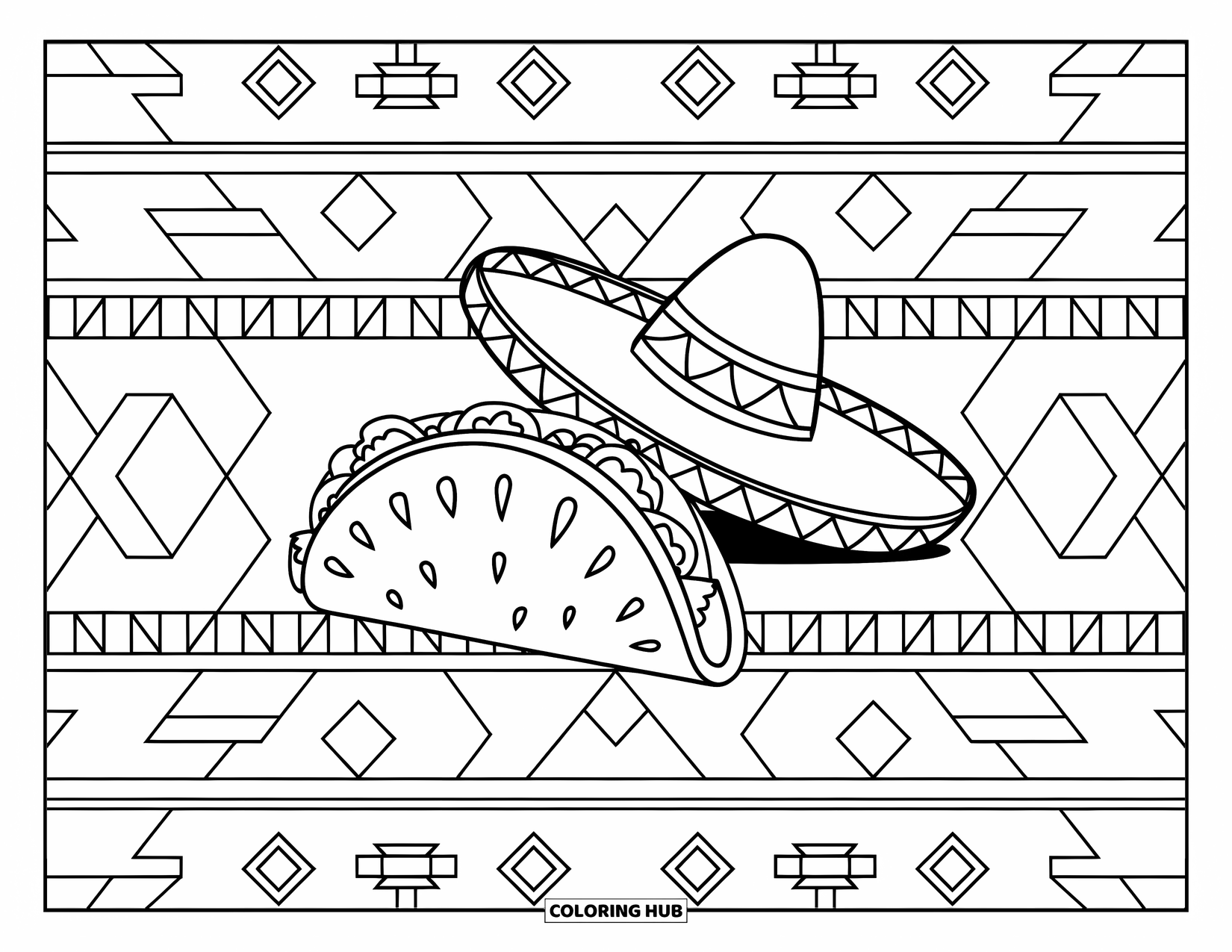 Taco Coloring Page for Kids: Taco and sombrero centered on a rug with bold geometric shapes
