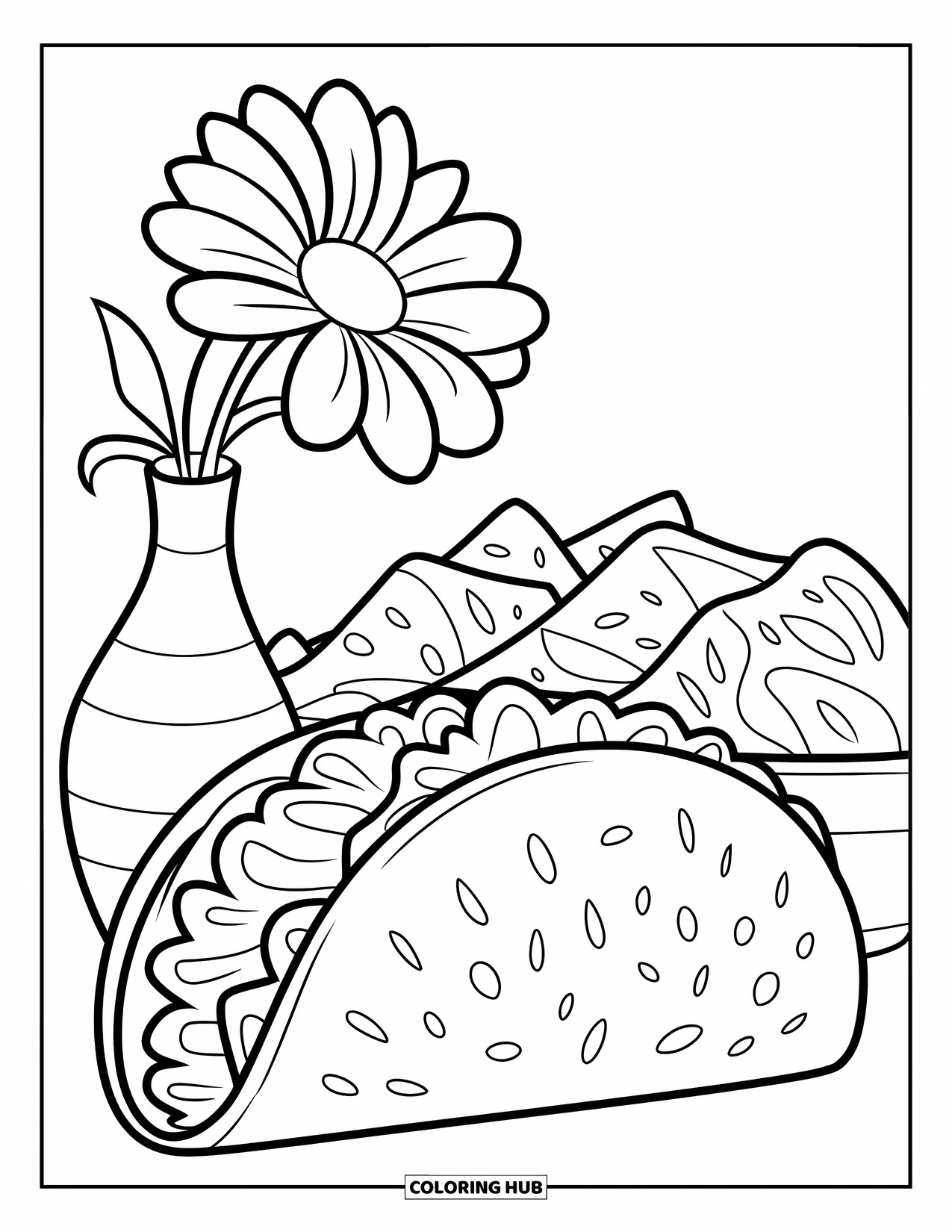Taco Coloring Page for Kids: Taco, flower vase, and chips arranged simply on a clean page