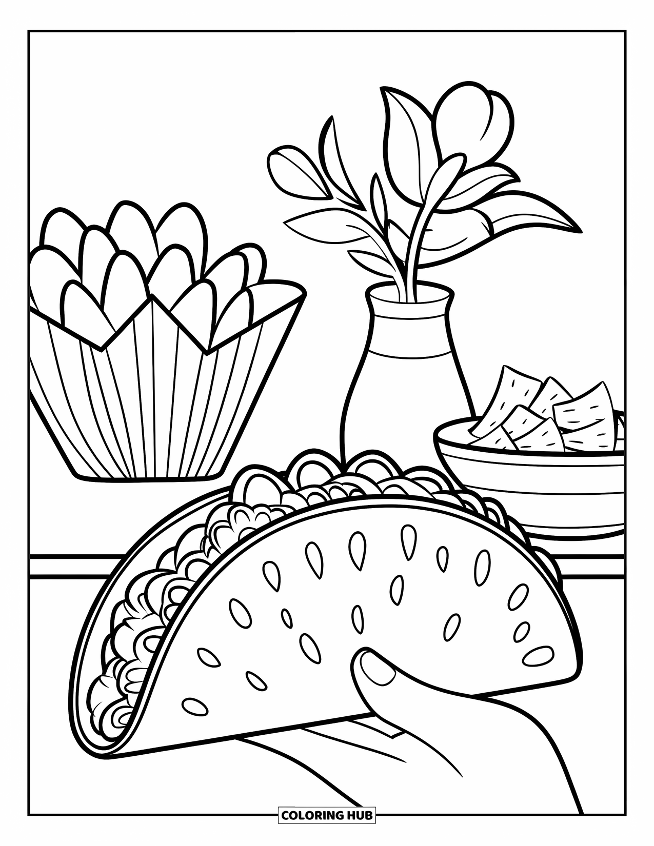Taco Coloring Page for Kids: Taco held by a hand with chips and flower vase nearby