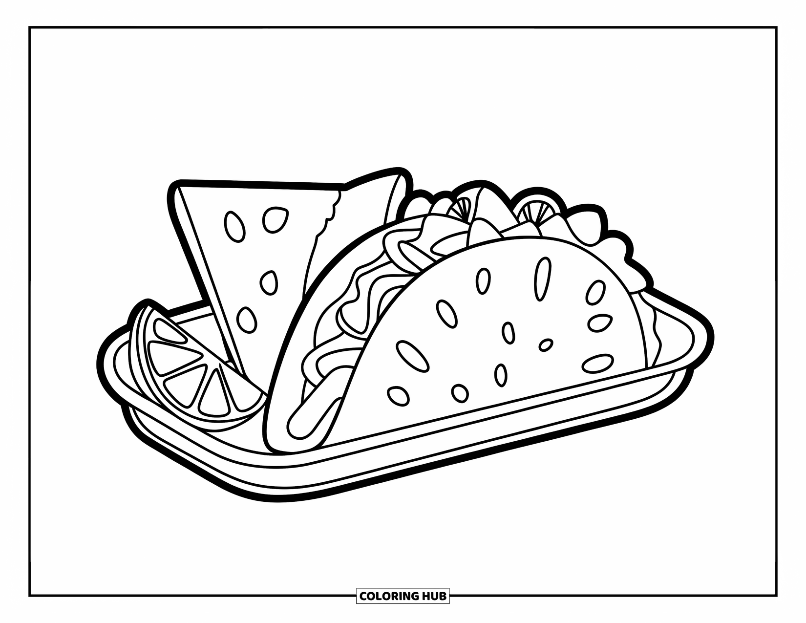 Taco Coloring Page for Kids: Taco in a food tray with a nacho and lime slice