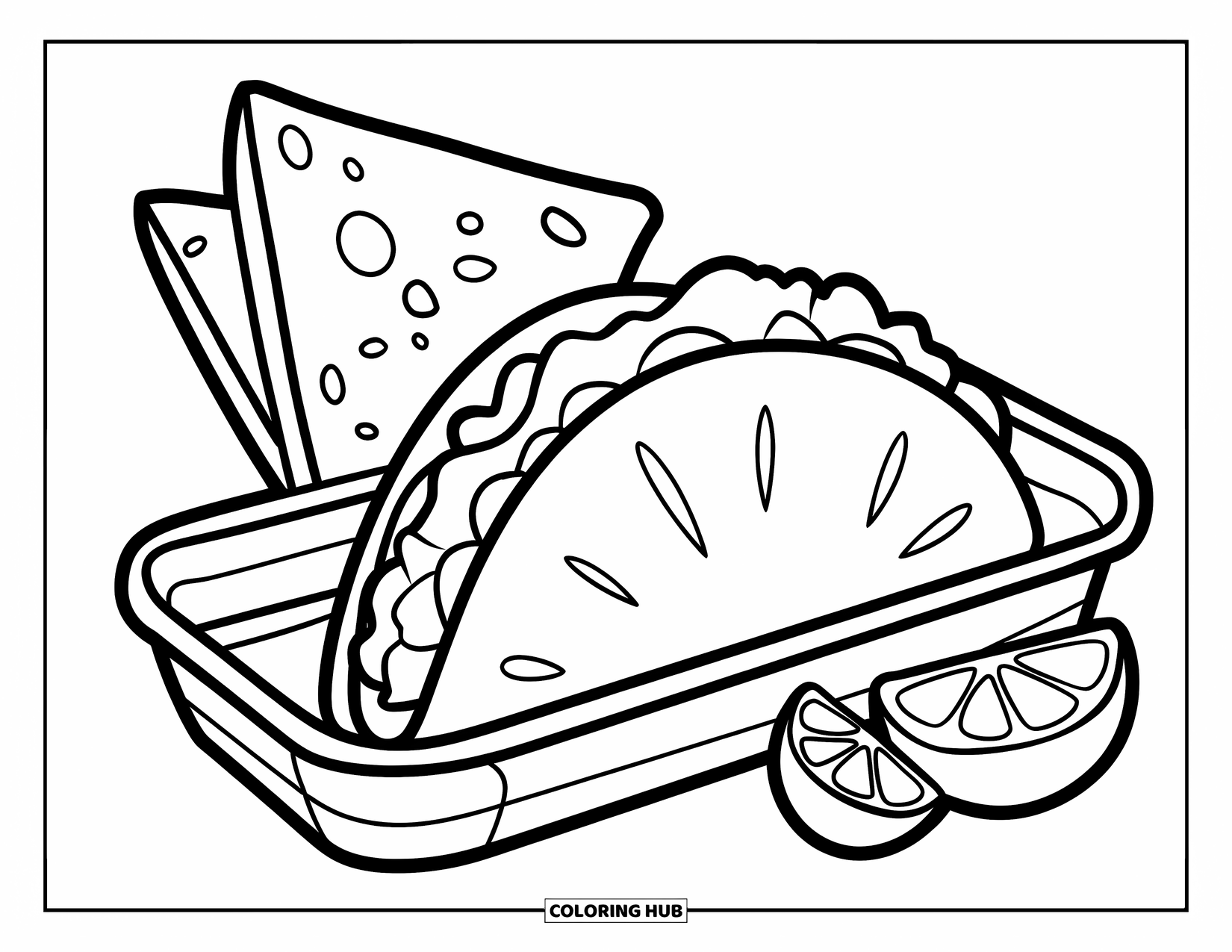 Taco Coloring Page for Kids: Taco, nacho, and lime inside a tray with clean, bold outlines