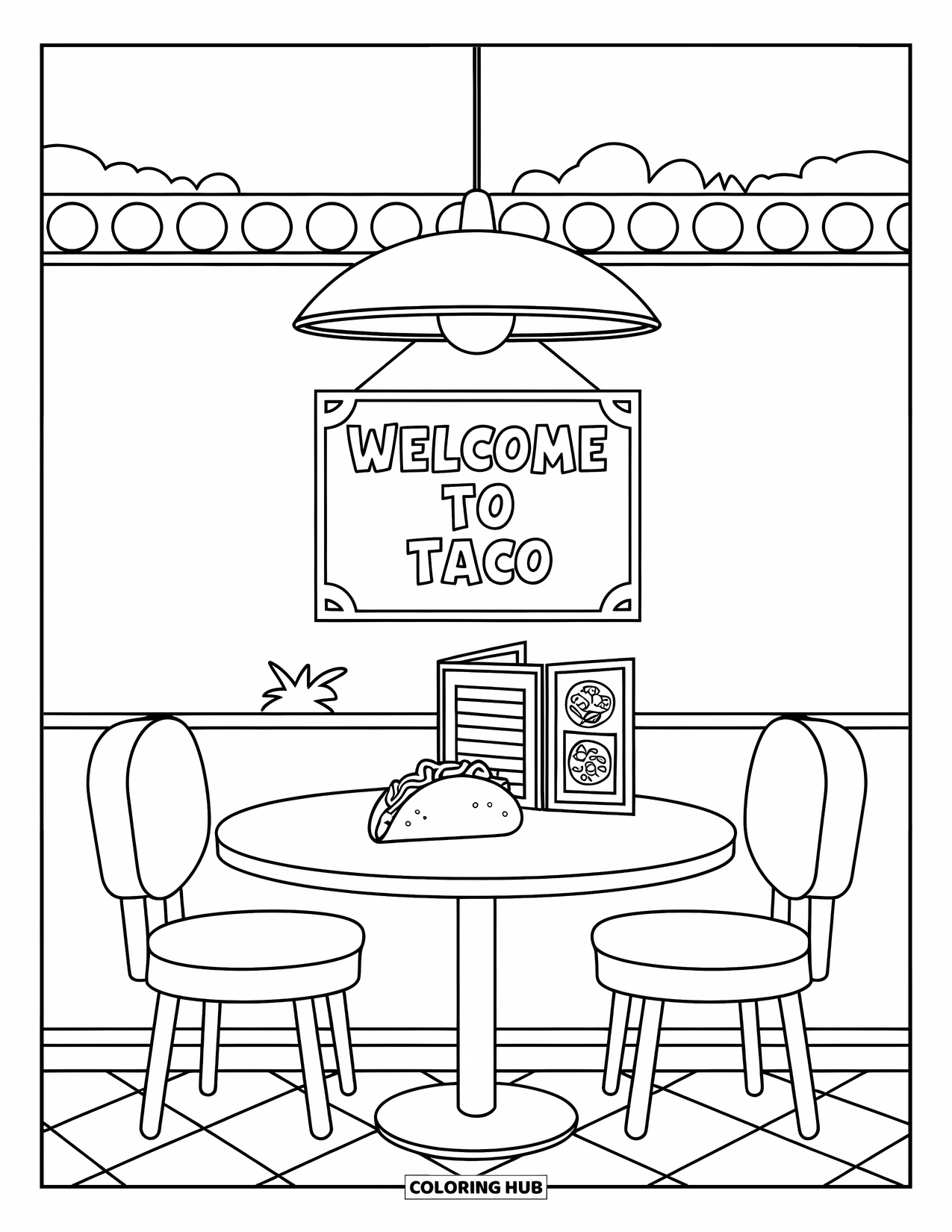 Taco Coloring Page for Kids: Taco on a table with chairs, checkered floor, and "Taco Town" sign