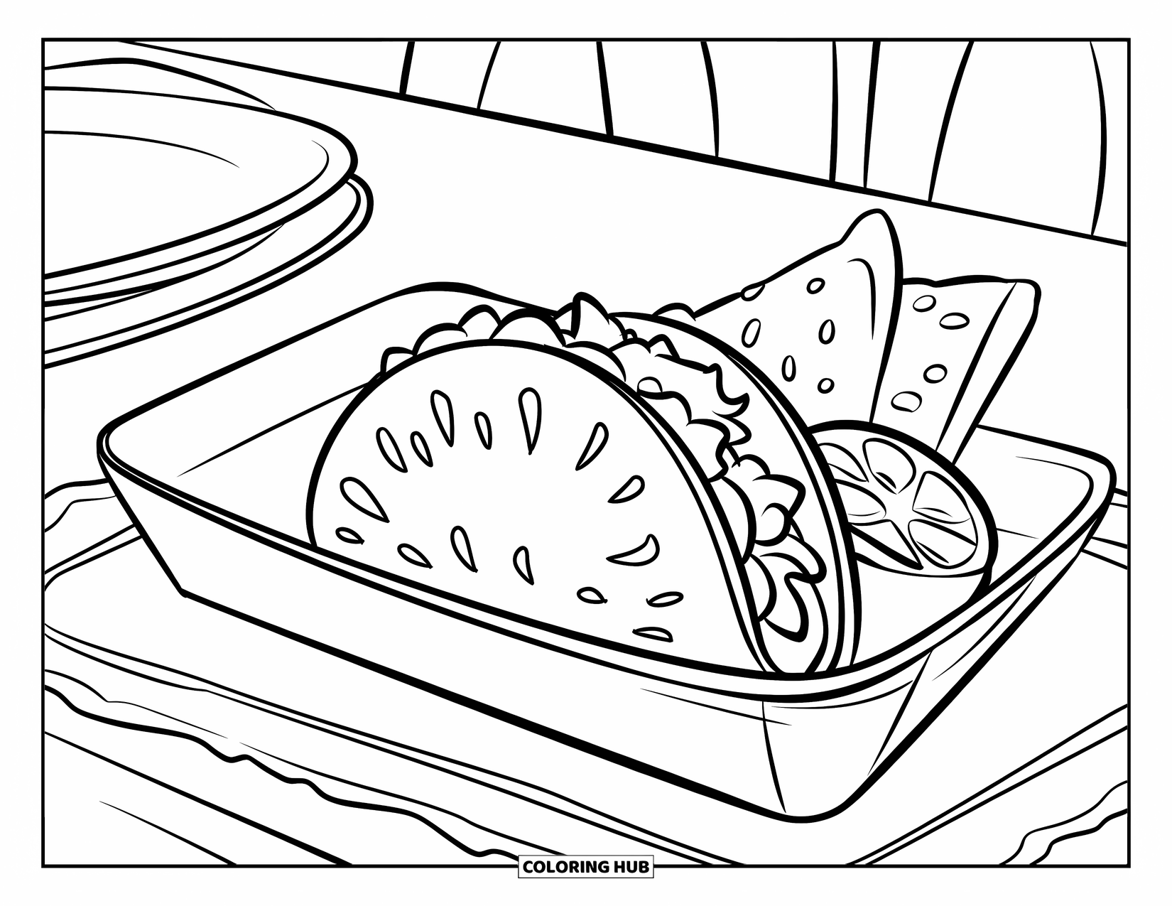Taco Coloring Page for Kids: Taco tray with a nacho and lime on a plain background