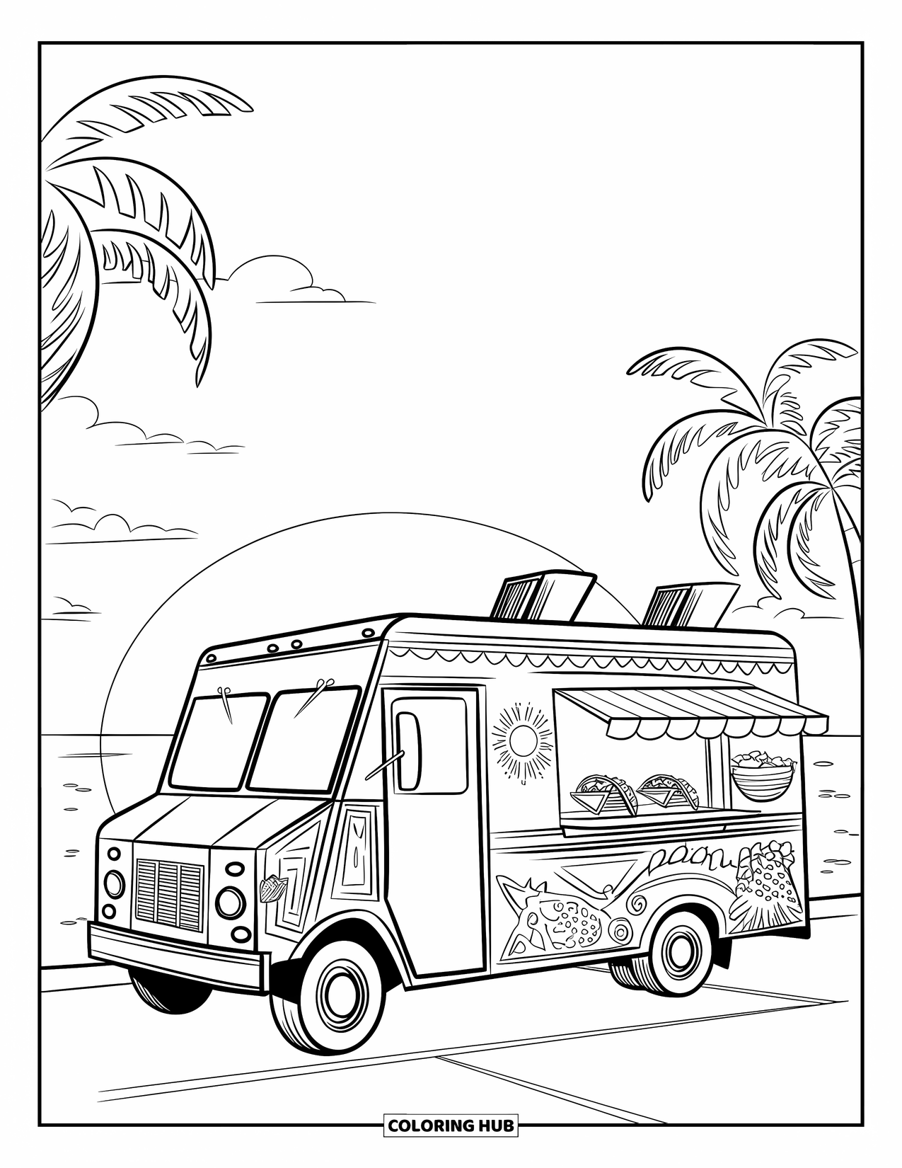 Taco Coloring Page for Kids: Taco truck by the beach at sunset with tacos and animals nearby