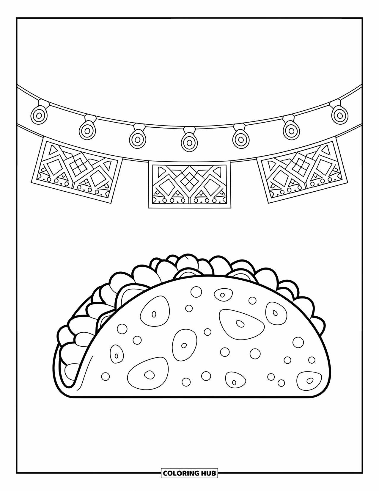 Taco Coloring Page for Kids: Taco under string lights and papel picado on a clean background