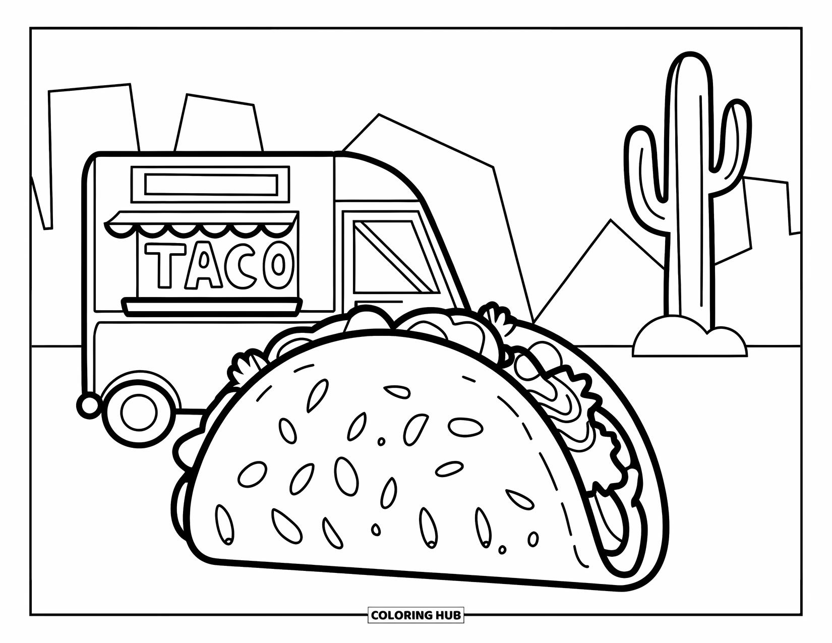 Taco Coloring Page for Kids: Taco with a mini taco truck in a desert scene with cacti