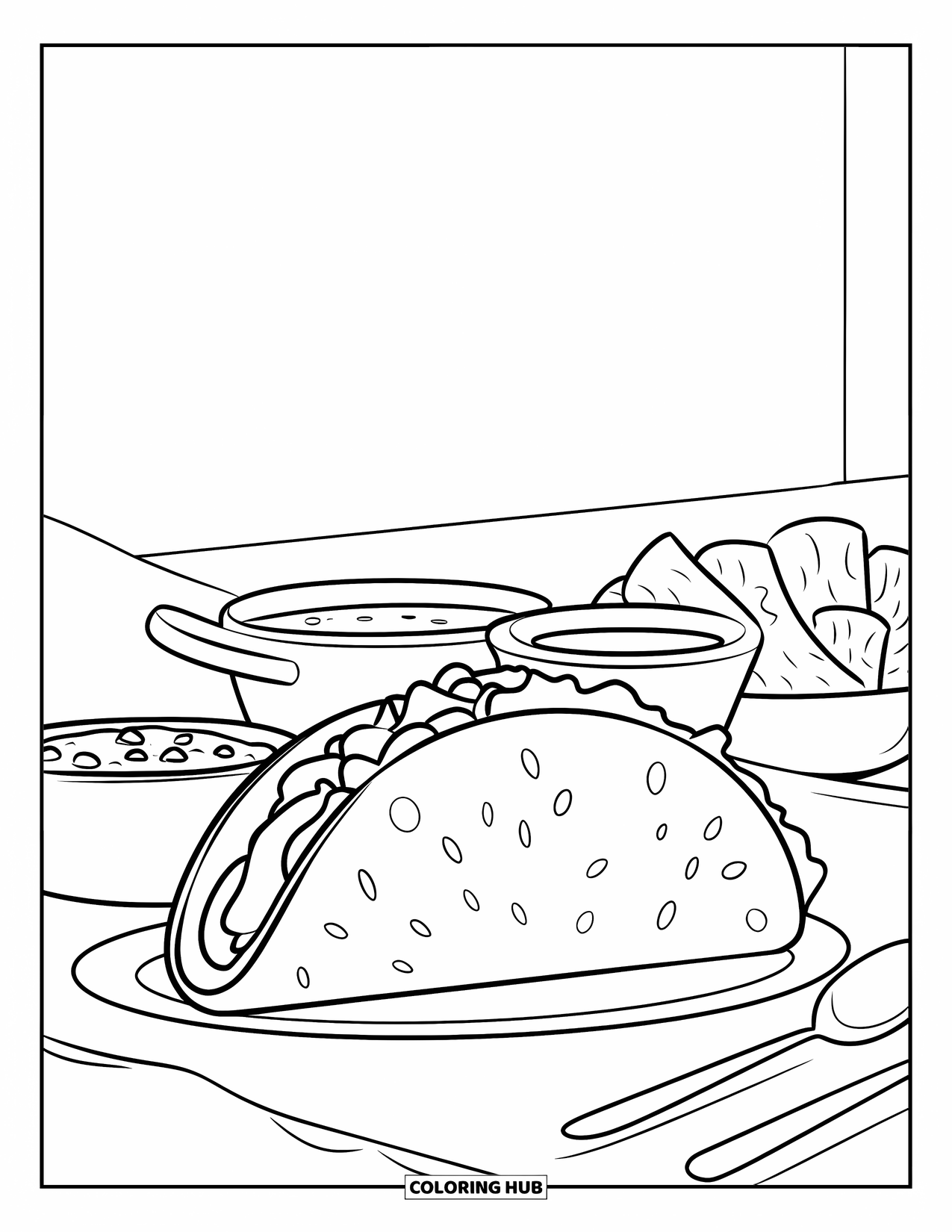 Taco Coloring Page for Kids: Taco with chips, salsa, guacamole, and utensils on a simple table