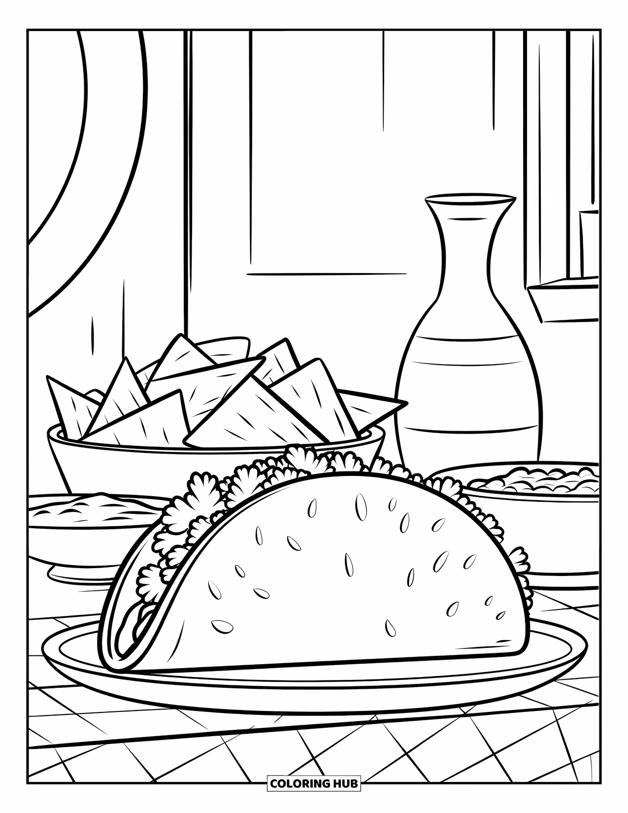 Taco Coloring Page for Kids: Taco with cilantro, chips, and dips on a checkered table