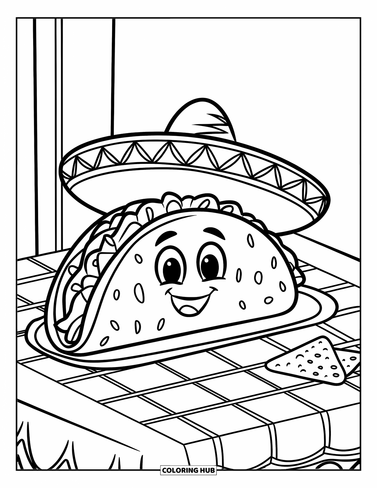 Taco Coloring Page for Kids: Taco with face and sombrero beside chips on a striped tablecloth