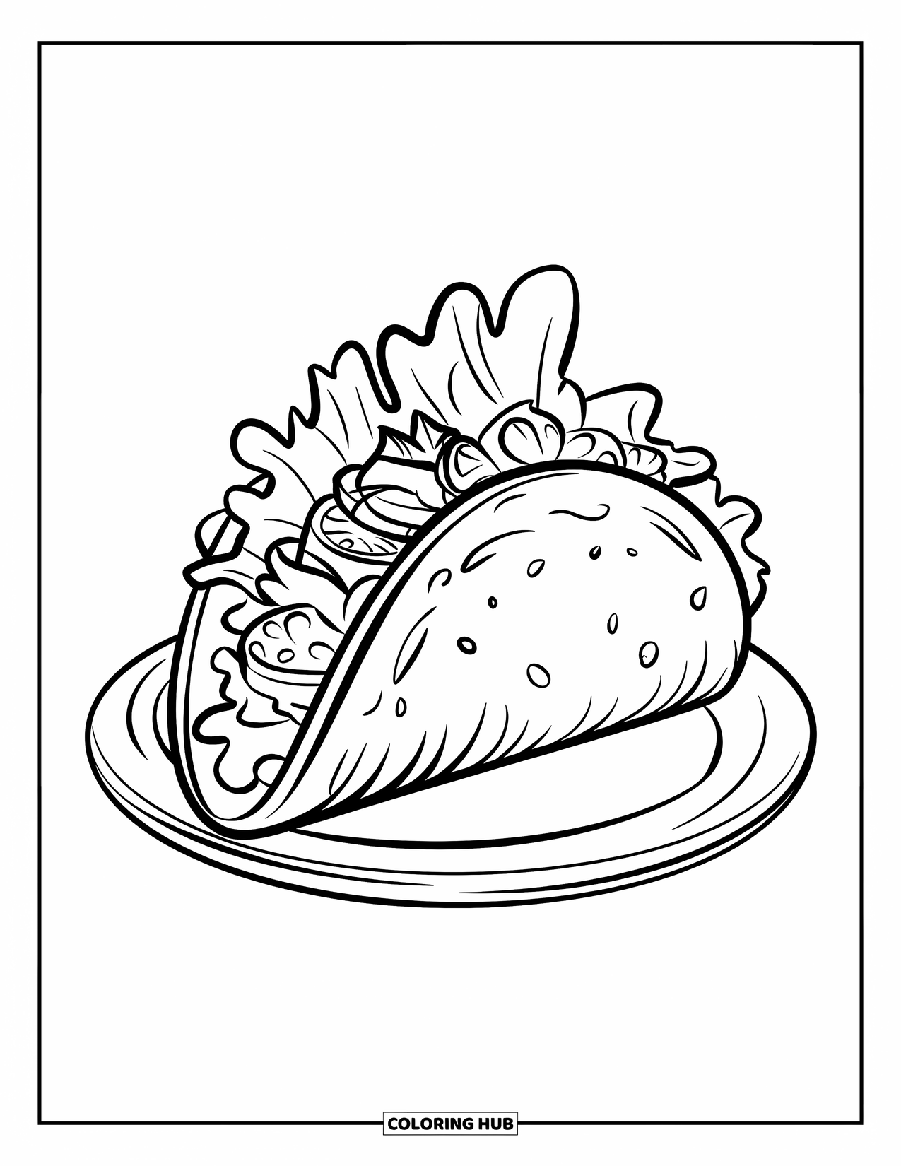 Taco Coloring Page for Kids: Taco with labeled ingredients: lettuce, tomato, cheese, and salsa on a plate