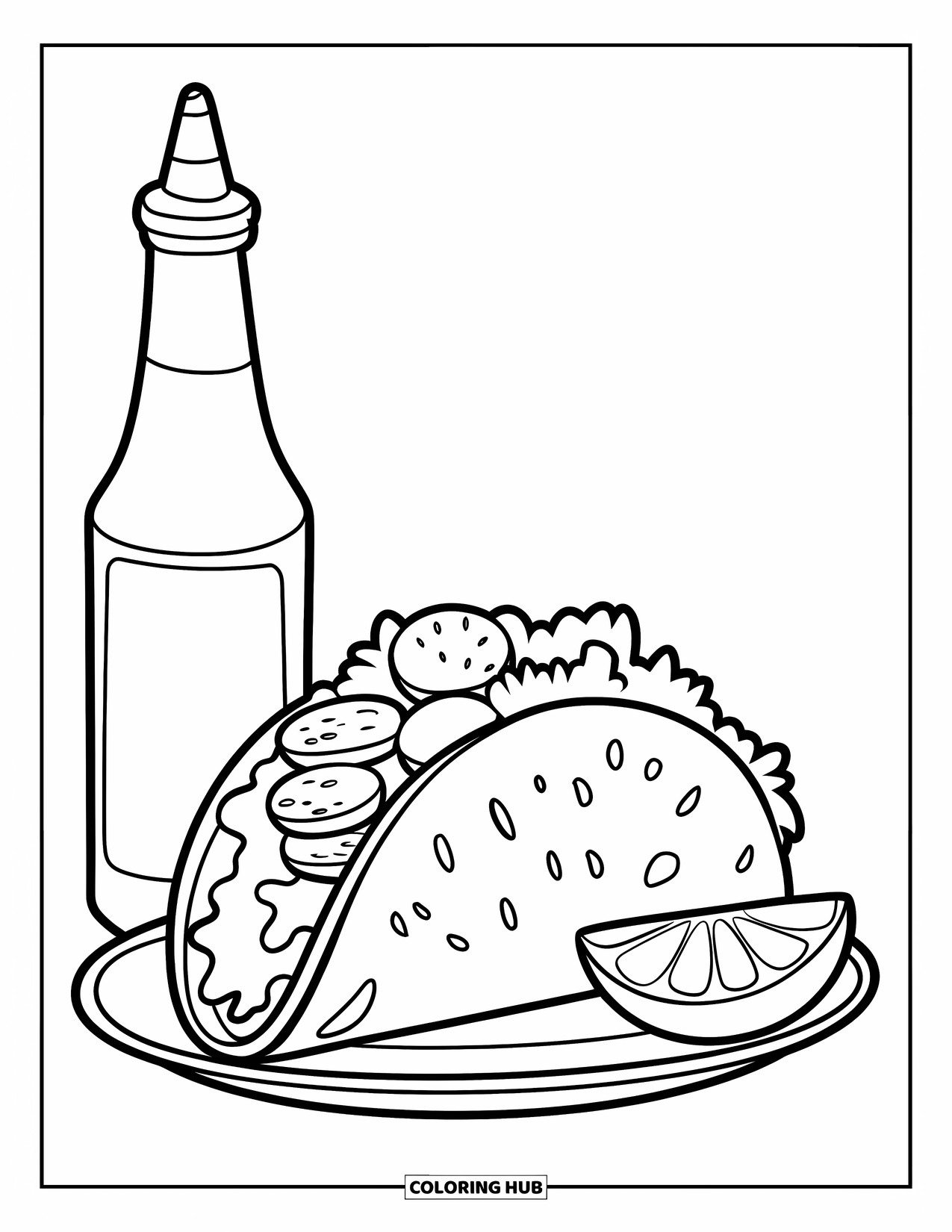 Taco Coloring Page for Kids: Taco with labels and a hot sauce bottle and lime beside it