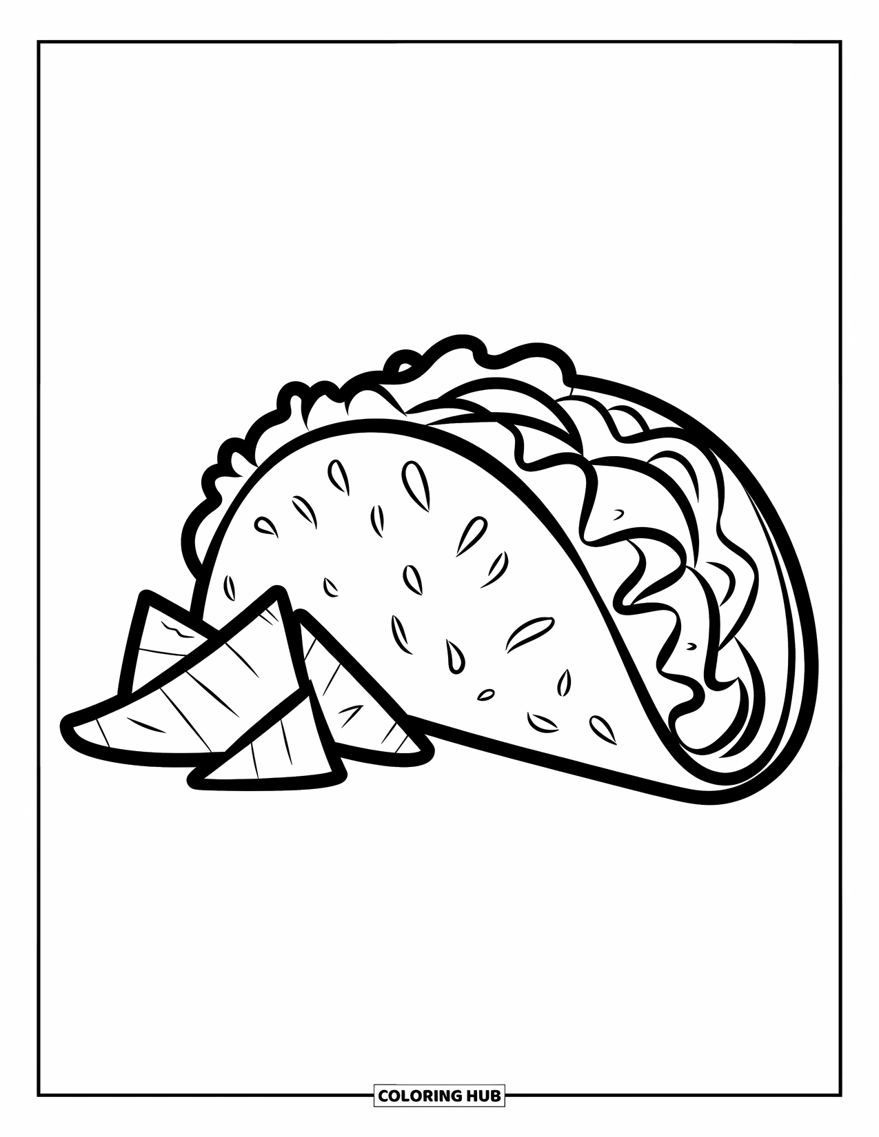 Taco Coloring Page for Kids: Taco with lettuce, tomato, and cheese beside chips on a clean page