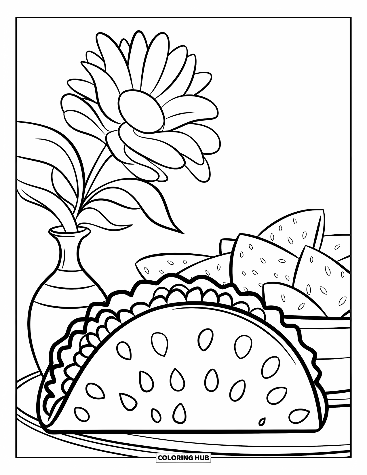 Taco Coloring Page for Kids: Taco with napkin and flower vase, chips in the background