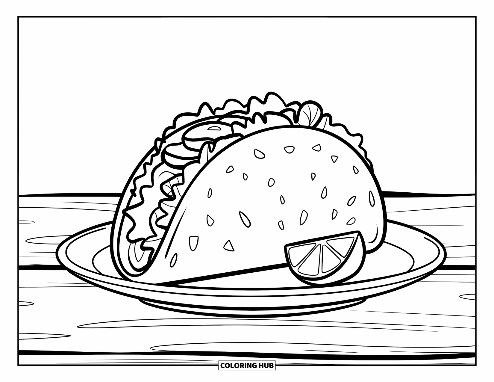 Taco Coloring Page for Kids: Taco with tomato and cheese on a plate with lime beside it