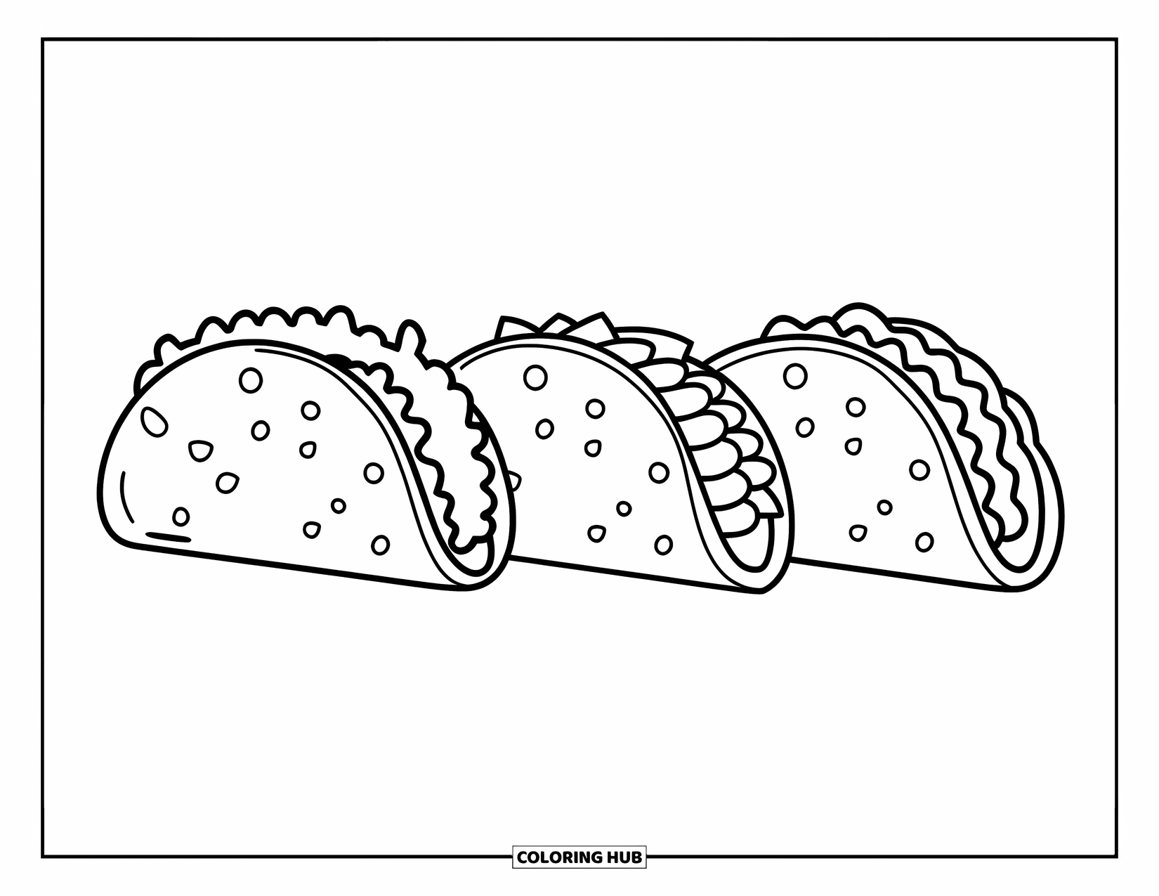 Taco Coloring Page for Kids: Three tacos-crunchy, soft, and double-decker-lined up side by side
