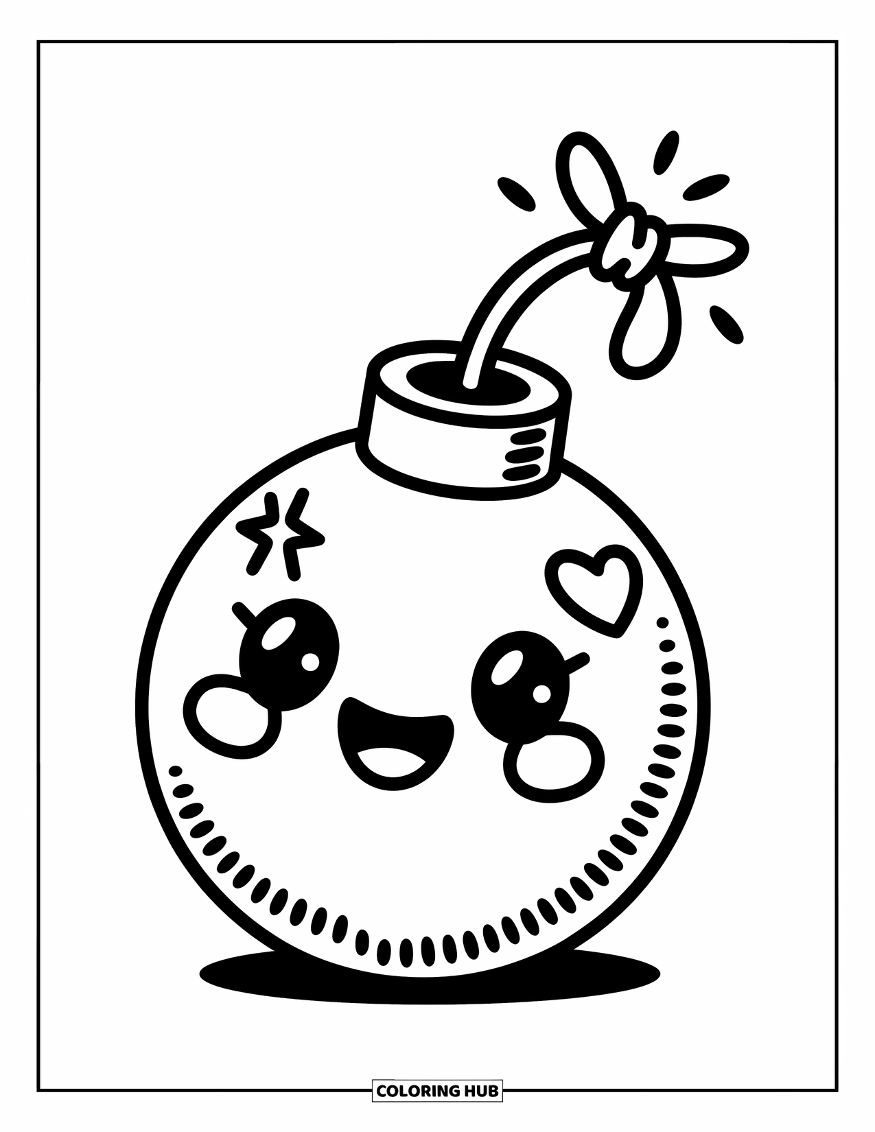 Tattoo Coloring Page for Adults: A cherry-faced bomb with a heart sparkles playfully