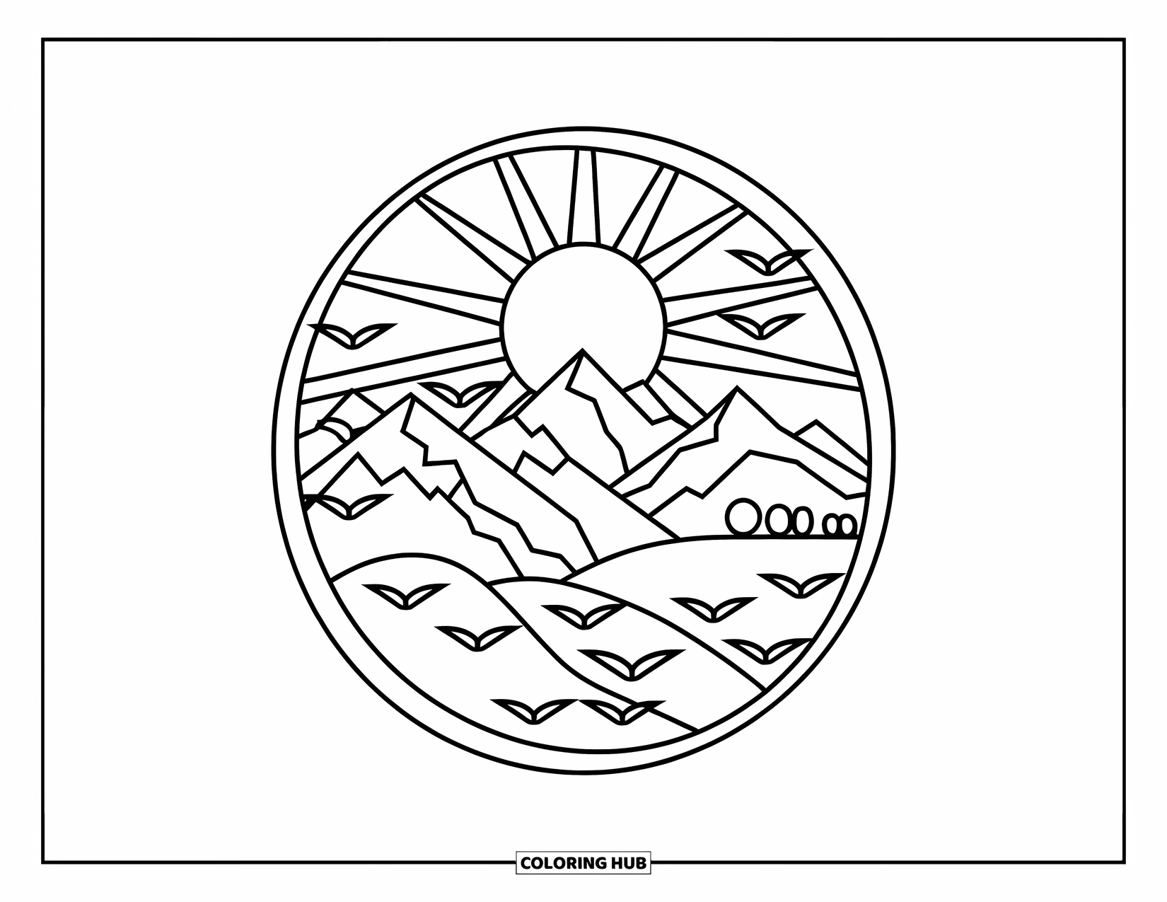 Tattoo Coloring Page for Adults: A circular mountain scene with sun rays and tiny buildings