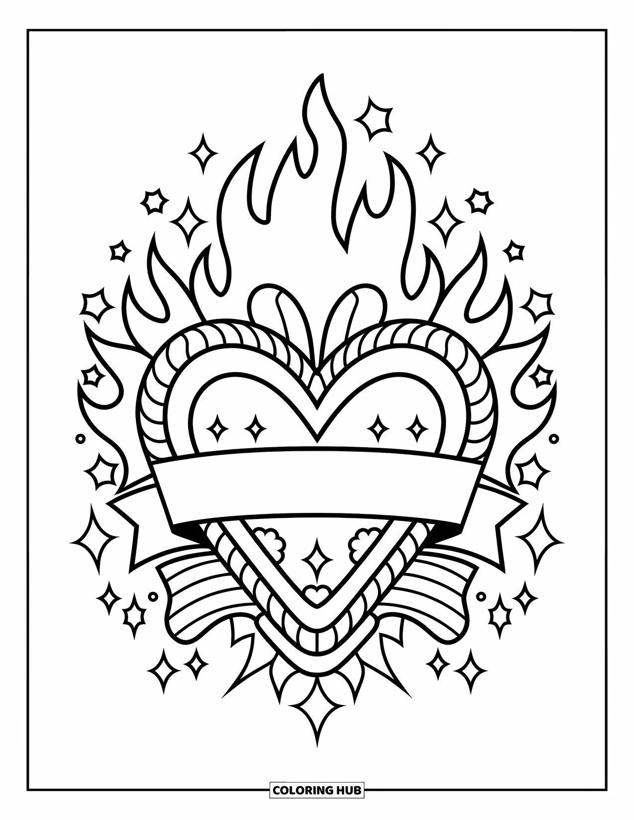 Tattoo Coloring Page for Adults: A classic heart with fire, stars, and decorative flourishes