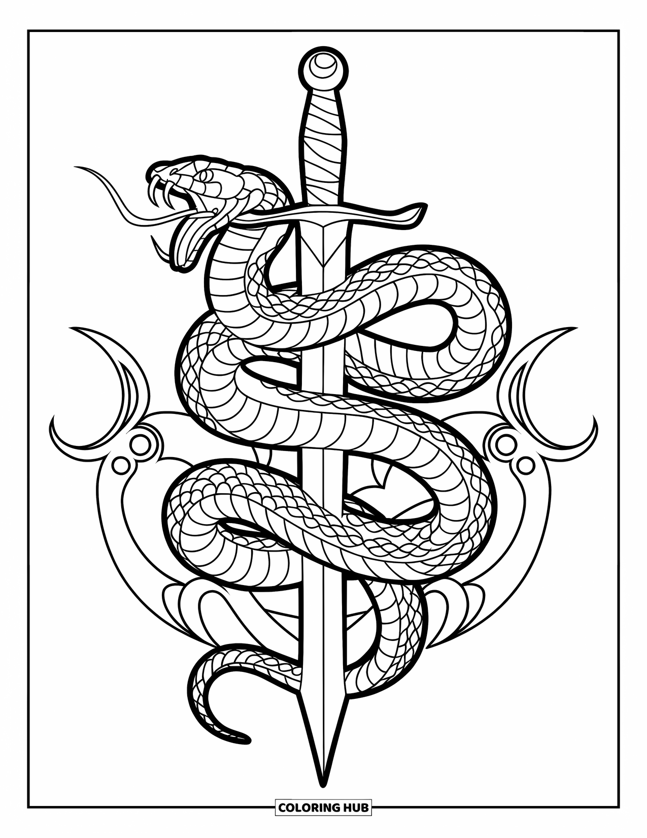 Tattoo Coloring Page for Adults: A coiled snake wrapped tightly around a sword