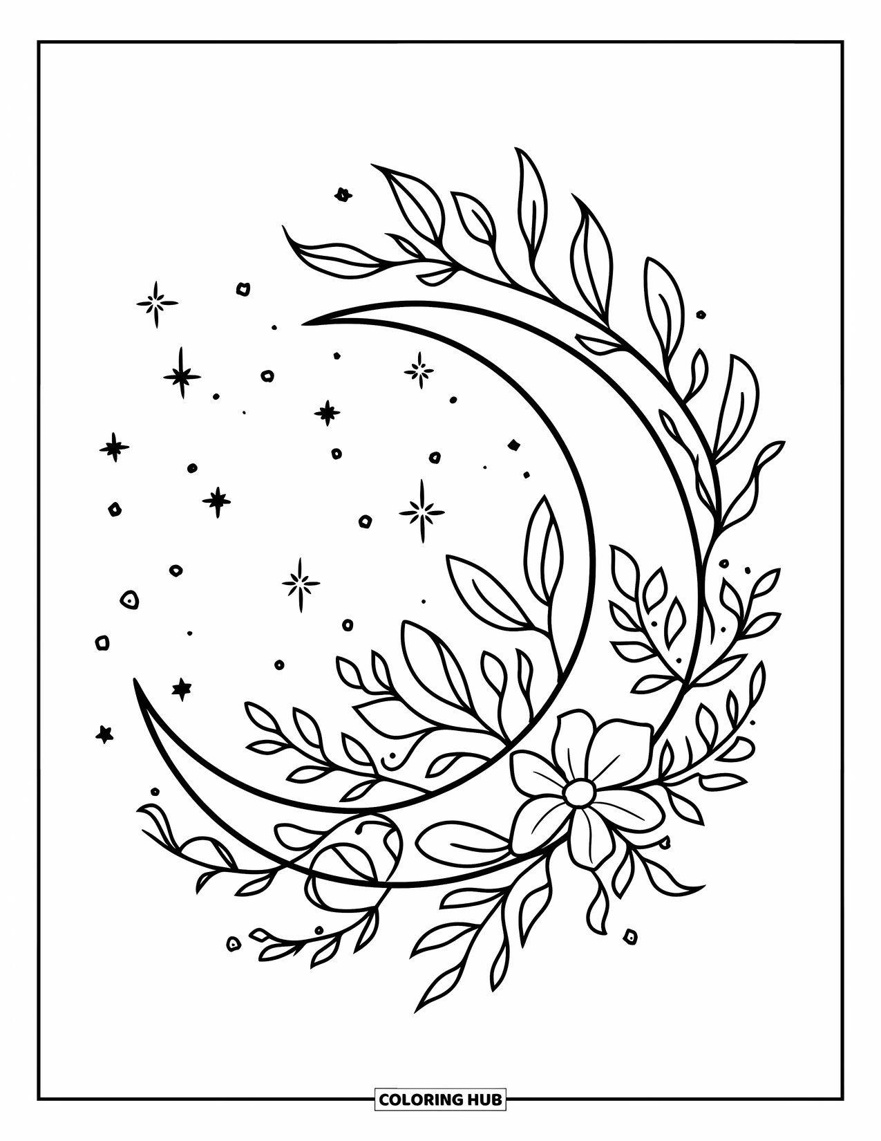 Tattoo Coloring Page for Adults: A crescent moon with floral vines and scattered stars