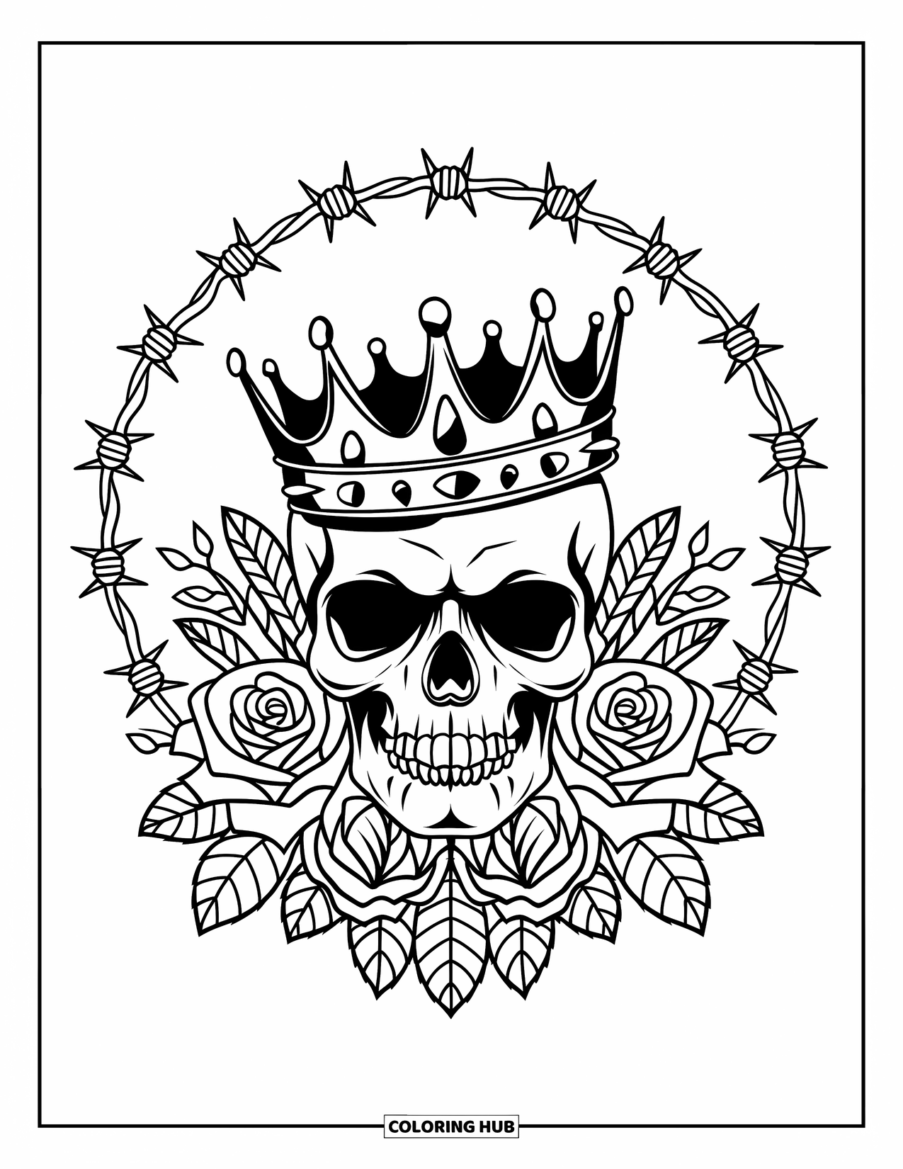Tattoo Coloring Page for Adults: A crowned skull surrounded by roses and barbed wire