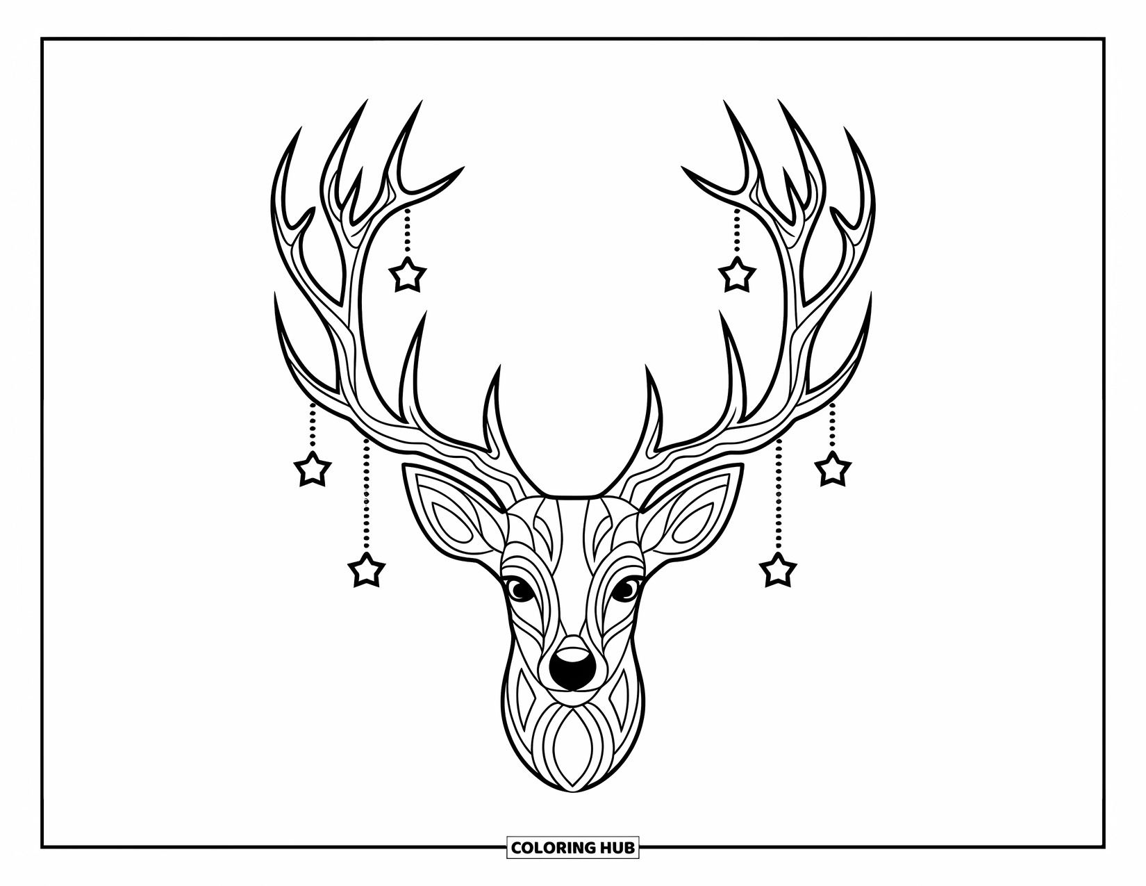 Tattoo Coloring Page for Adults: A deer with antlers that turn into tree branches holding tiny stars