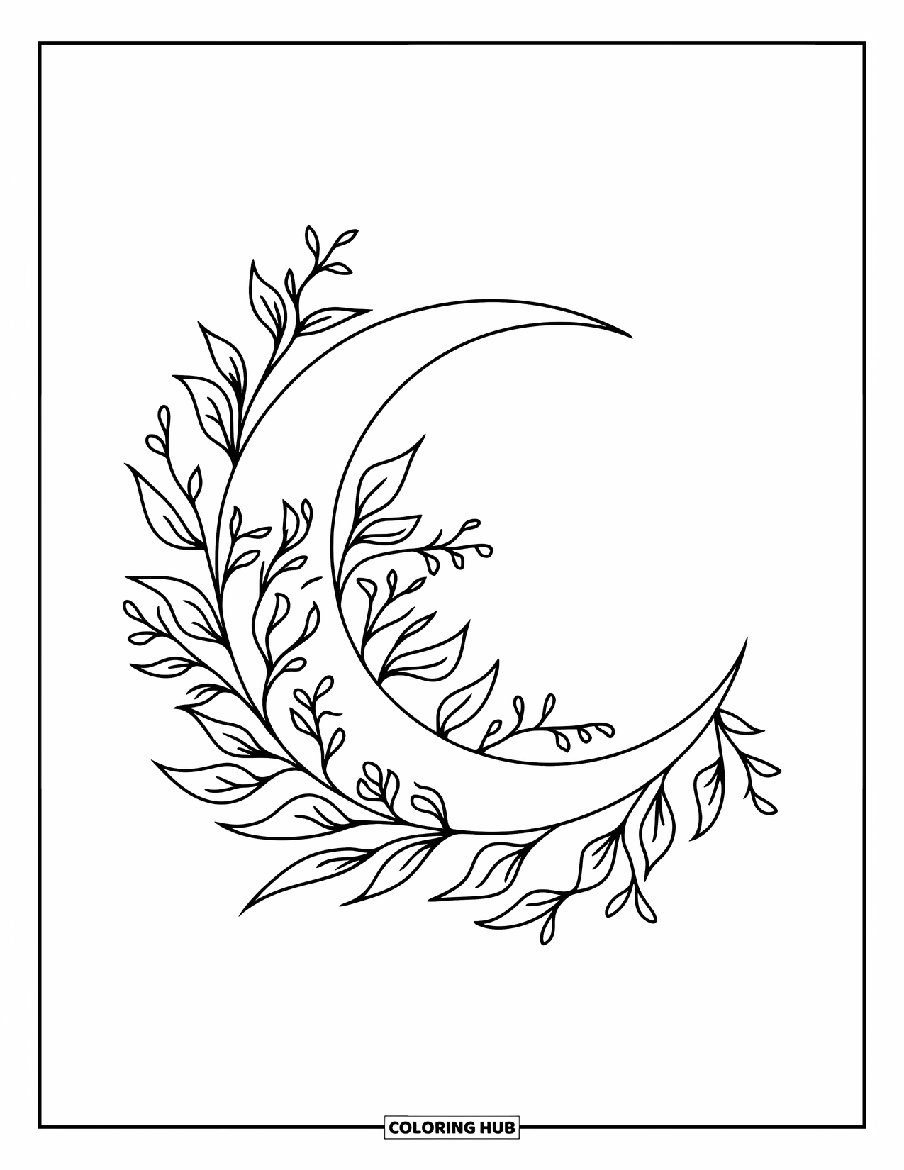 Tattoo Coloring Page for Adults: A delicate moon wrapped in leafy floral branches